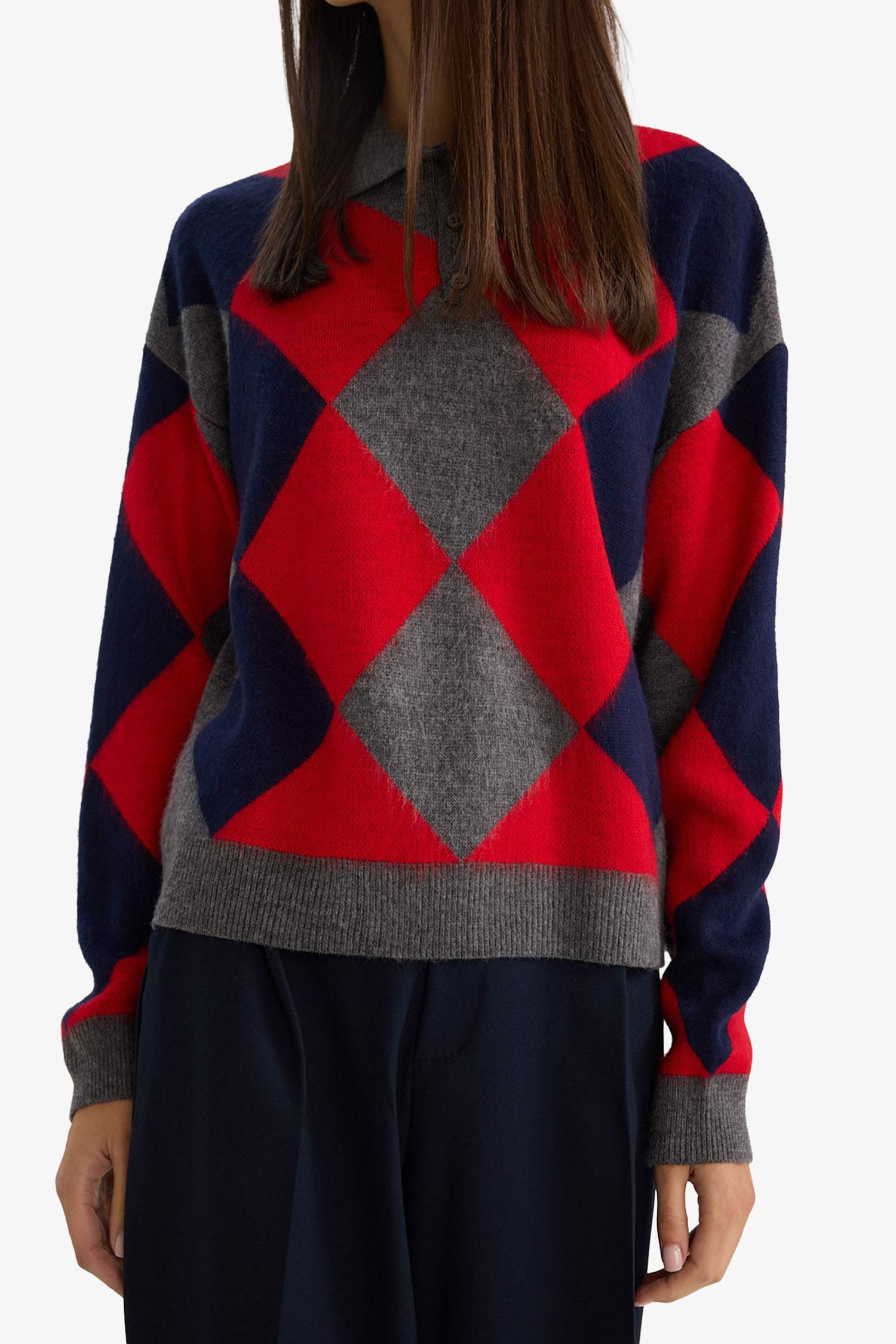 Regular Fit Polo Yaka Baklava Desenli Triko Kazak