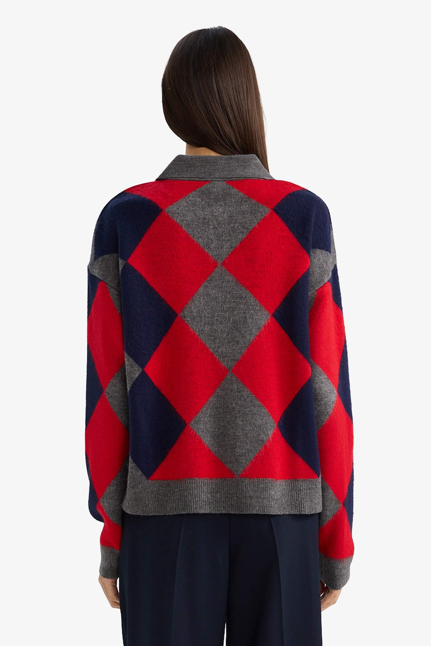 Regular Fit Polo Yaka Baklava Desenli Triko Kazak