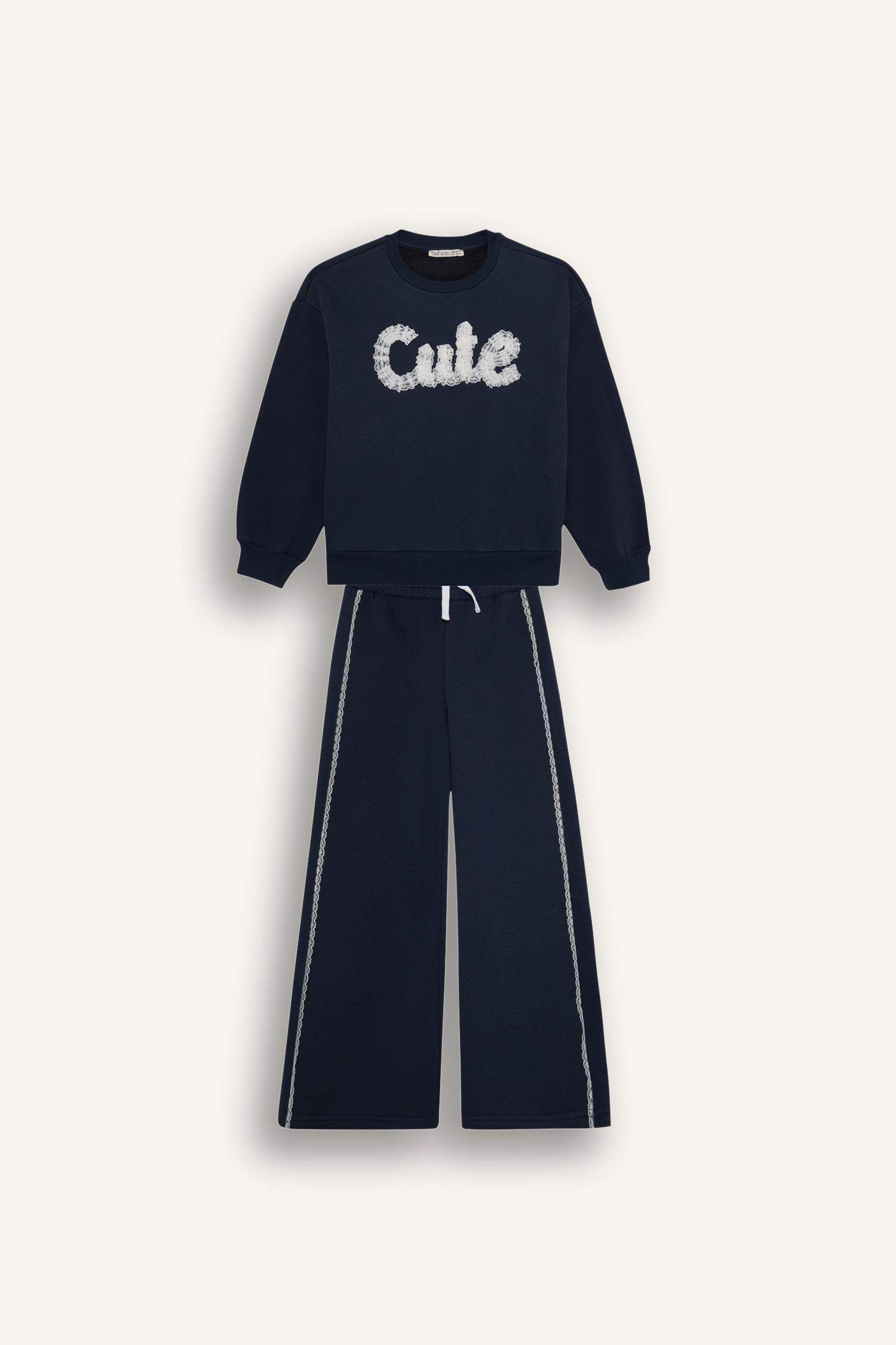 2'li Takım Baskılı Sweatshirt Eşofman Altı Kız Çocuk