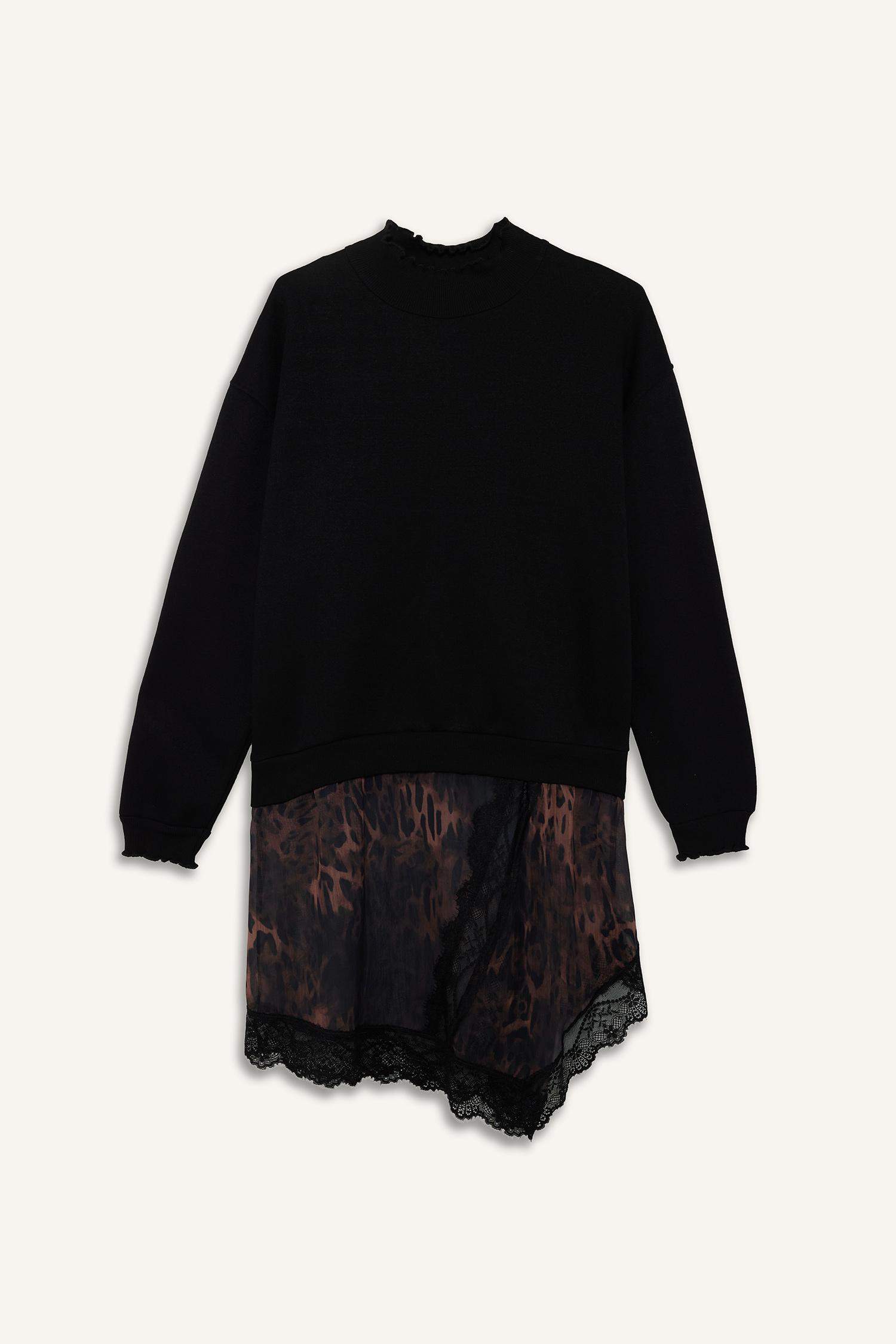 Bisiklet Yaka Etek Ucu Leopar Desenli Sweatshirt