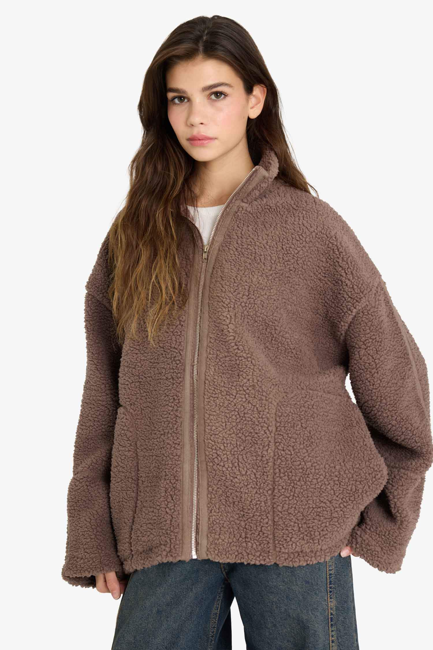 Oversize Geniş Kalıp Dik Yaka Fermuarlı Pelüş Hırka