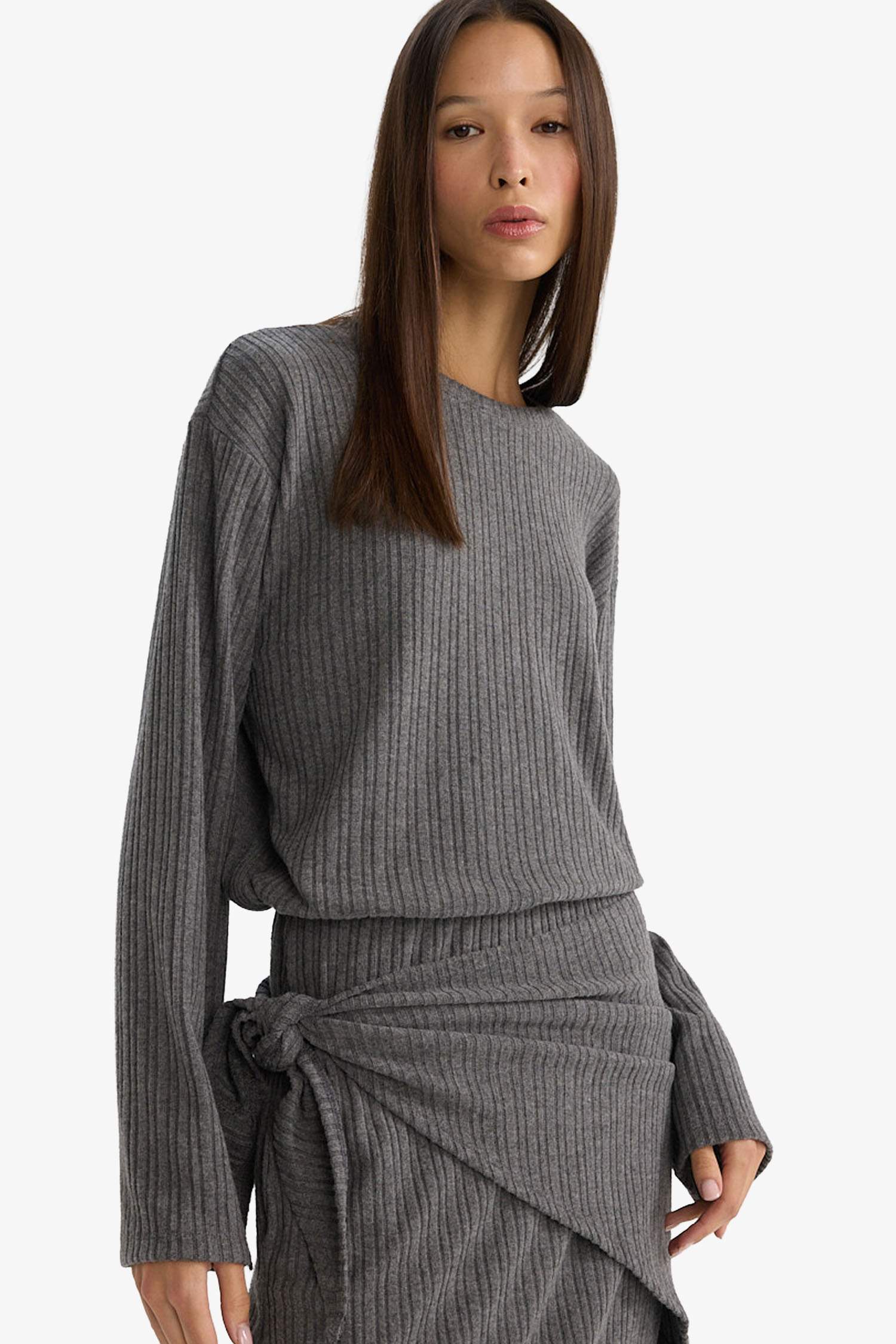 Relax Fit Bisiklet Yaka Fitilli Kaşkorse Çizgili Uzun Kollu Tişört