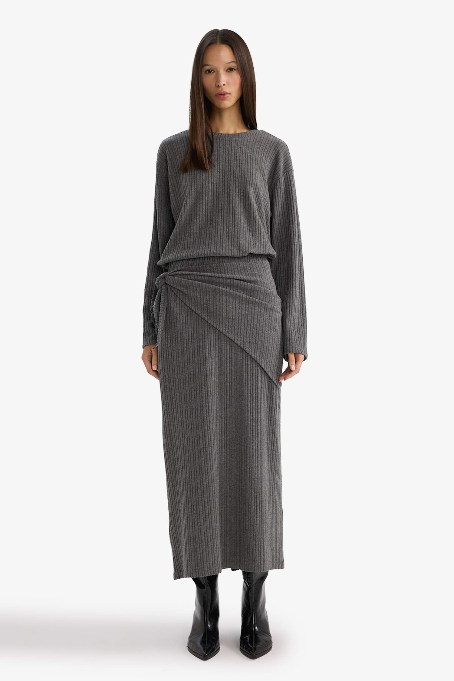 Relax Fit Bisiklet Yaka Fitilli Kaşkorse Çizgili Uzun Kollu Tişört