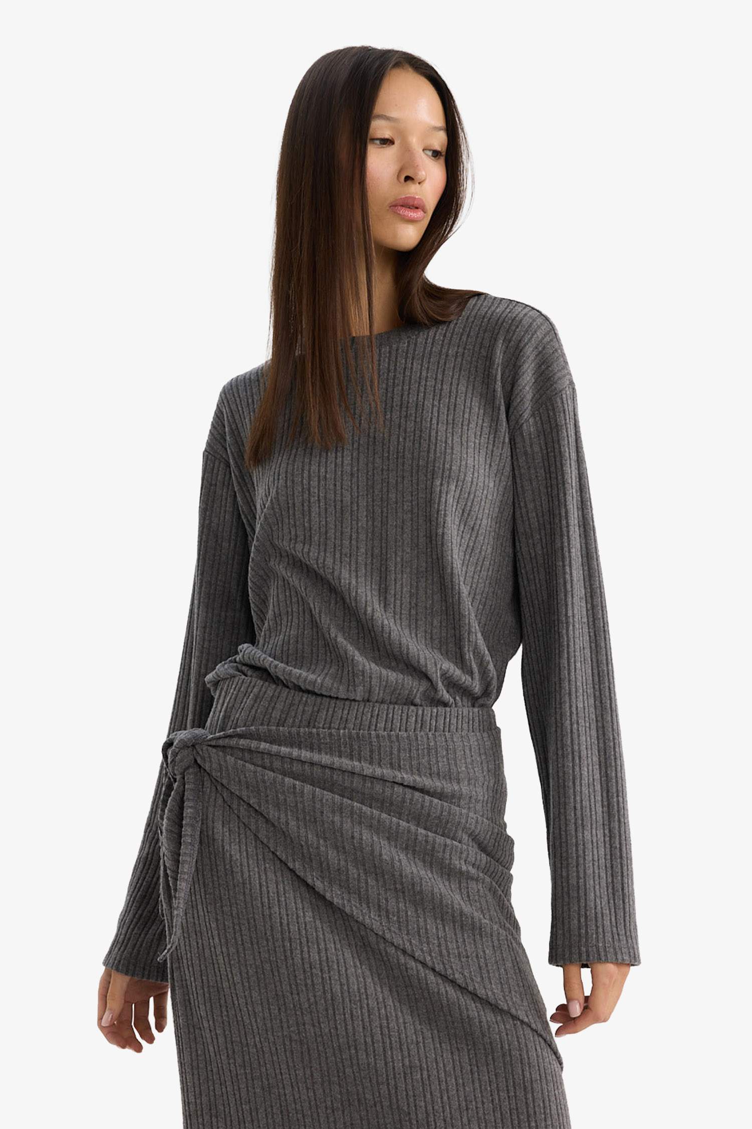 Relax Fit Bisiklet Yaka Fitilli Kaşkorse Çizgili Uzun Kollu Tişört