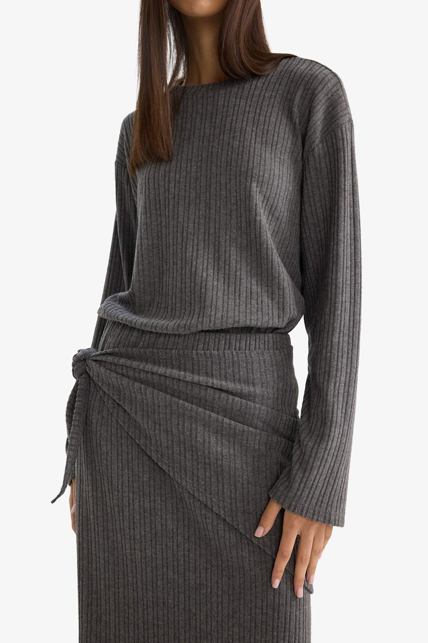 Relax Fit Bisiklet Yaka Fitilli Kaşkorse Çizgili Uzun Kollu Tişört