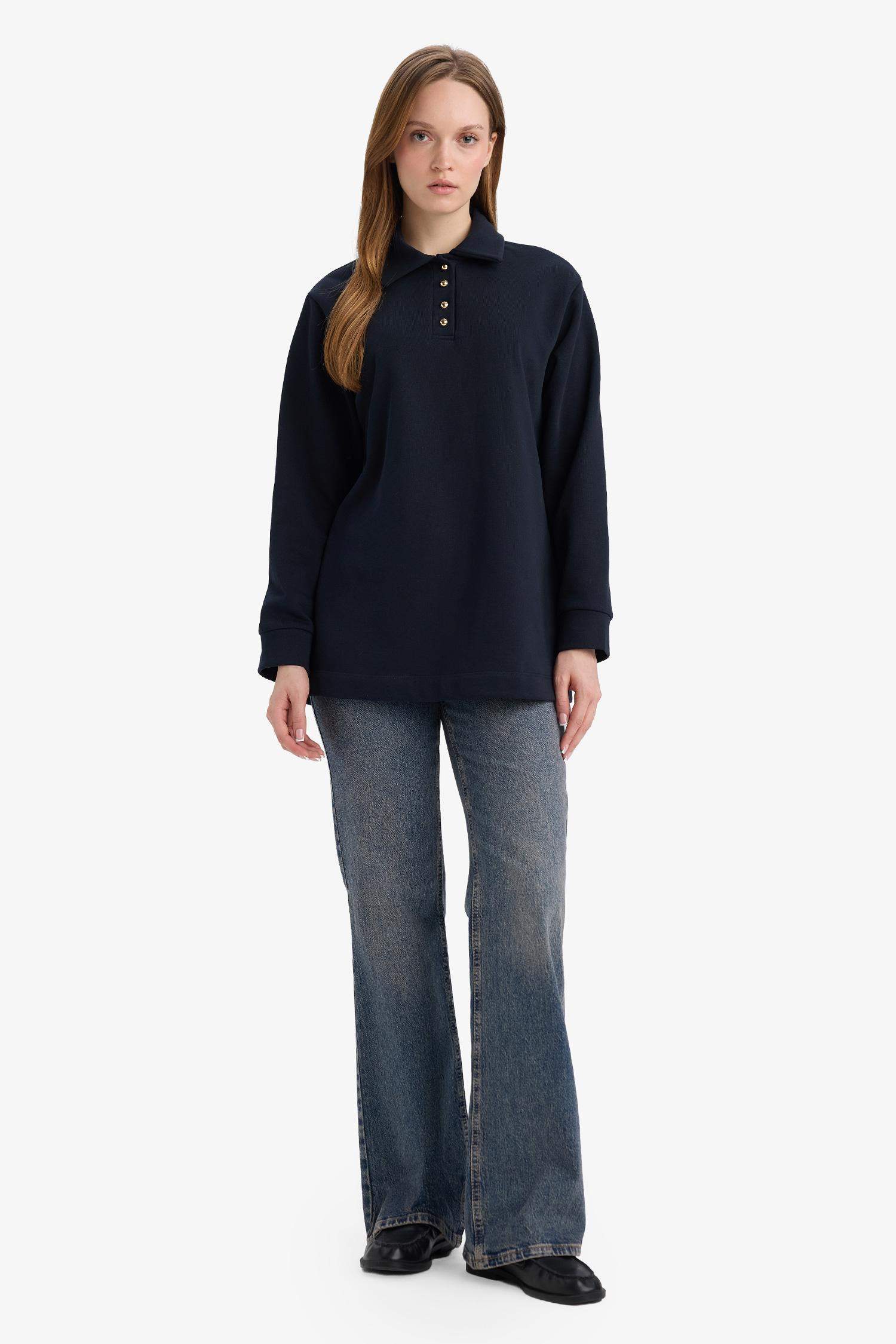 Regular Fit Polo Yaka Uzun Kollu Sweatshirt Tunik