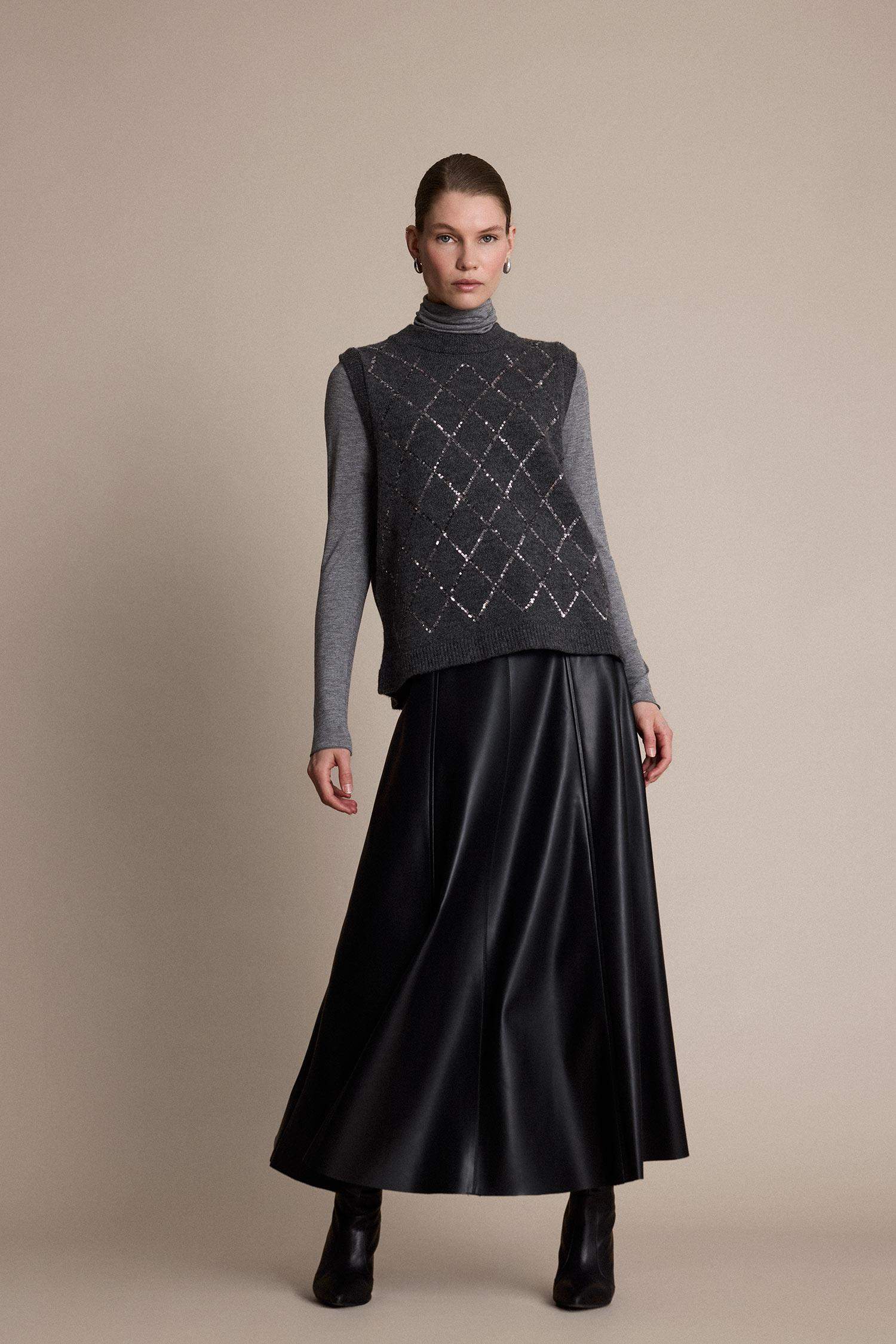 A Cut Faux Leather Knitted Skirt