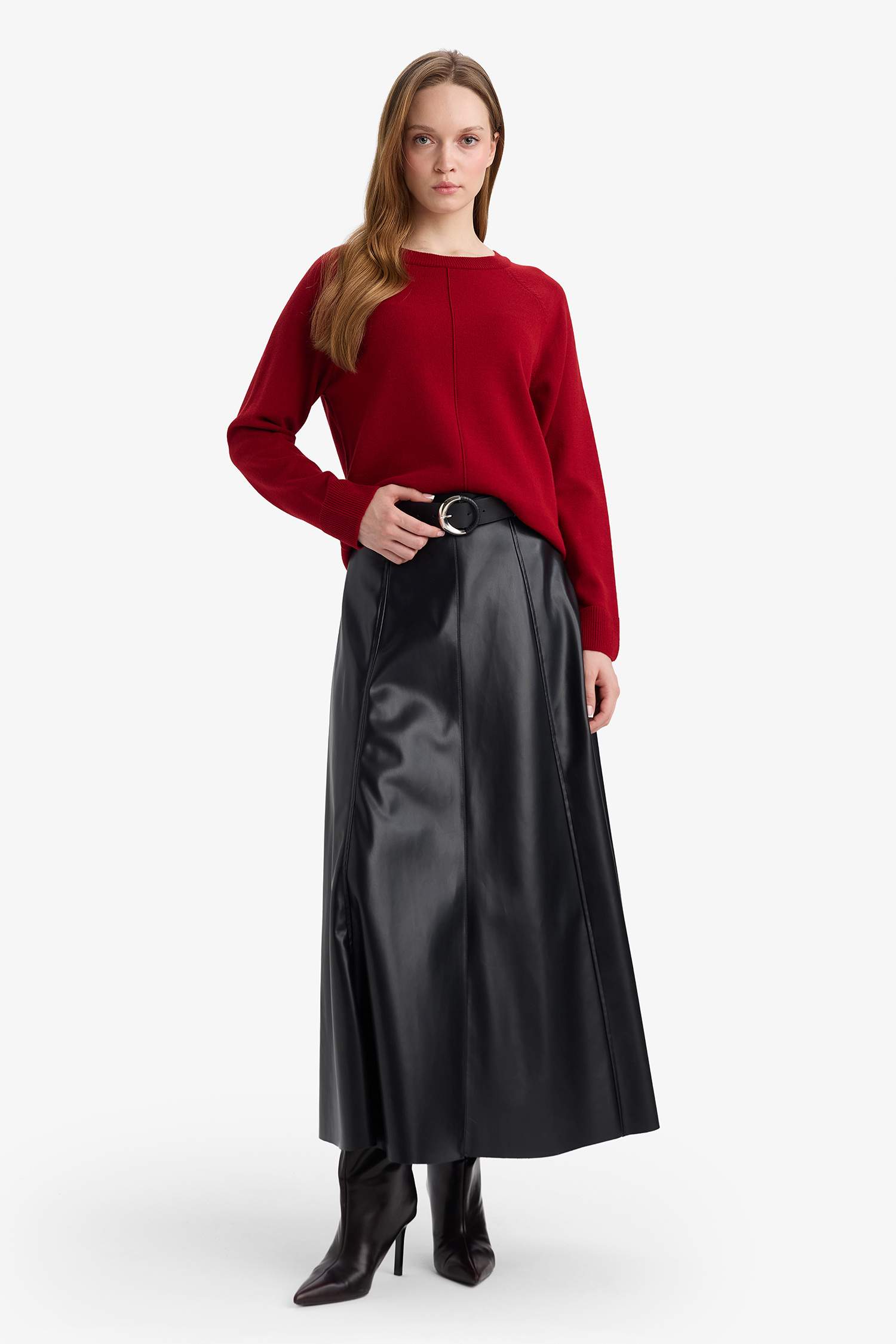 A Kesim Suni Deri Midi Etek