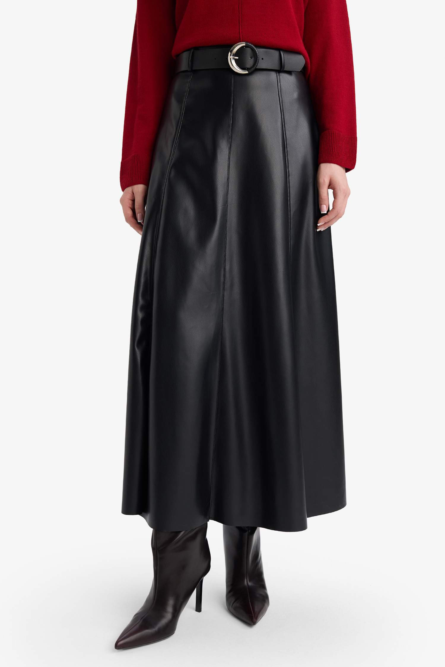 A Kesim Suni Deri Midi Etek