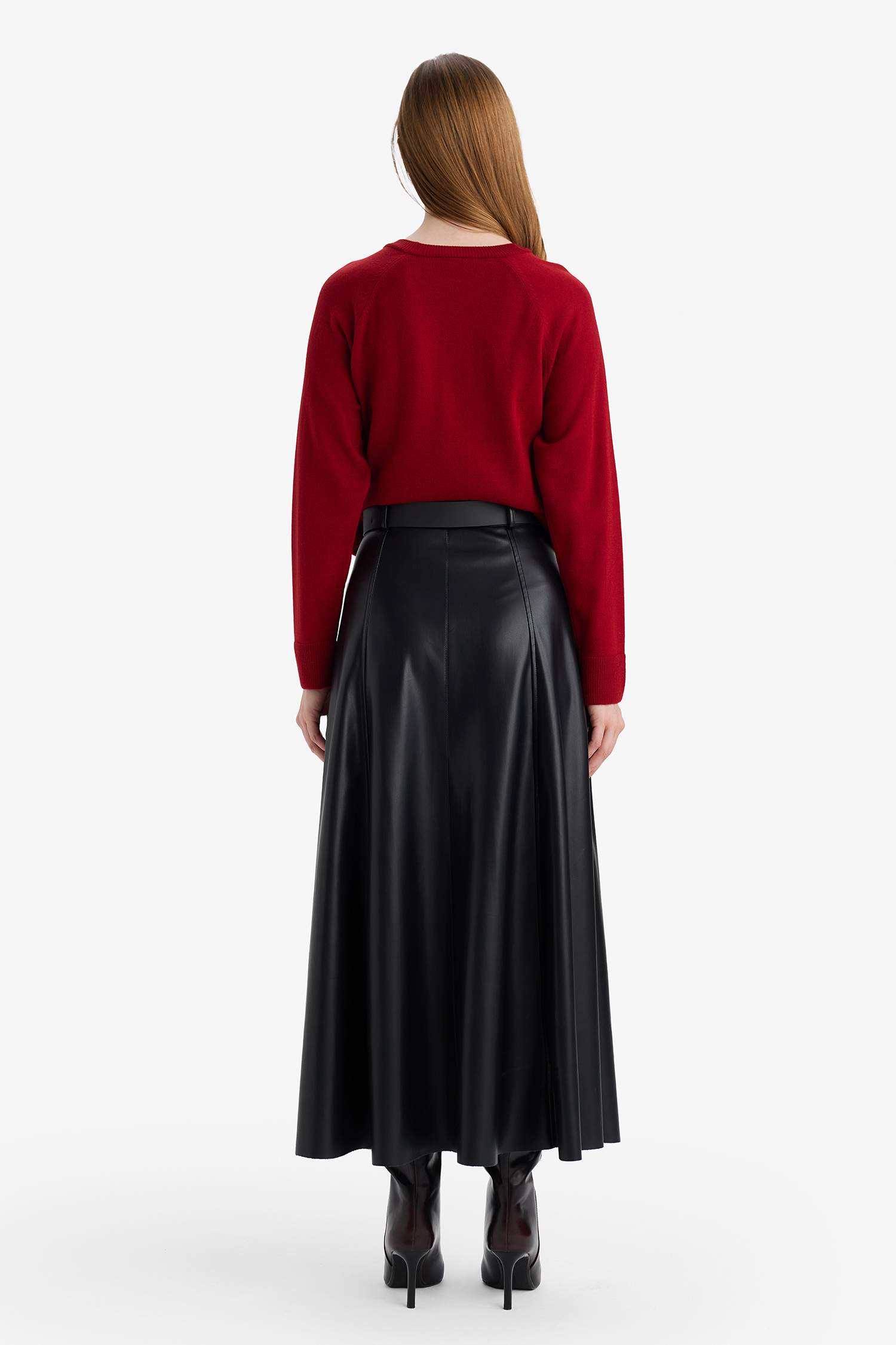 A Kesim Suni Deri Midi Etek