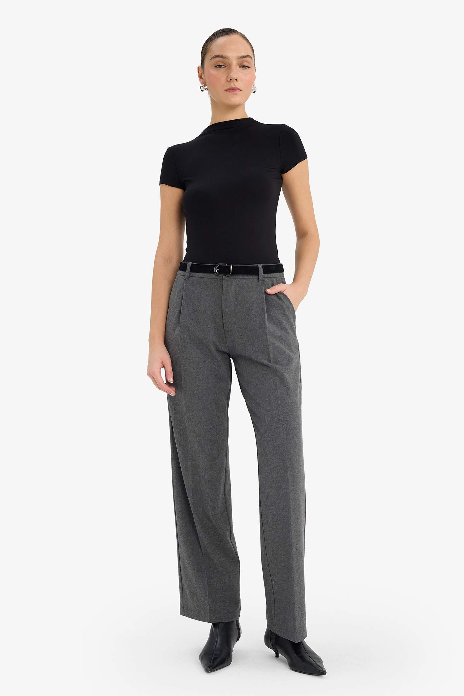 Wide Leg Çift Cepli Yüksek Bel Düz Paça Pantolon