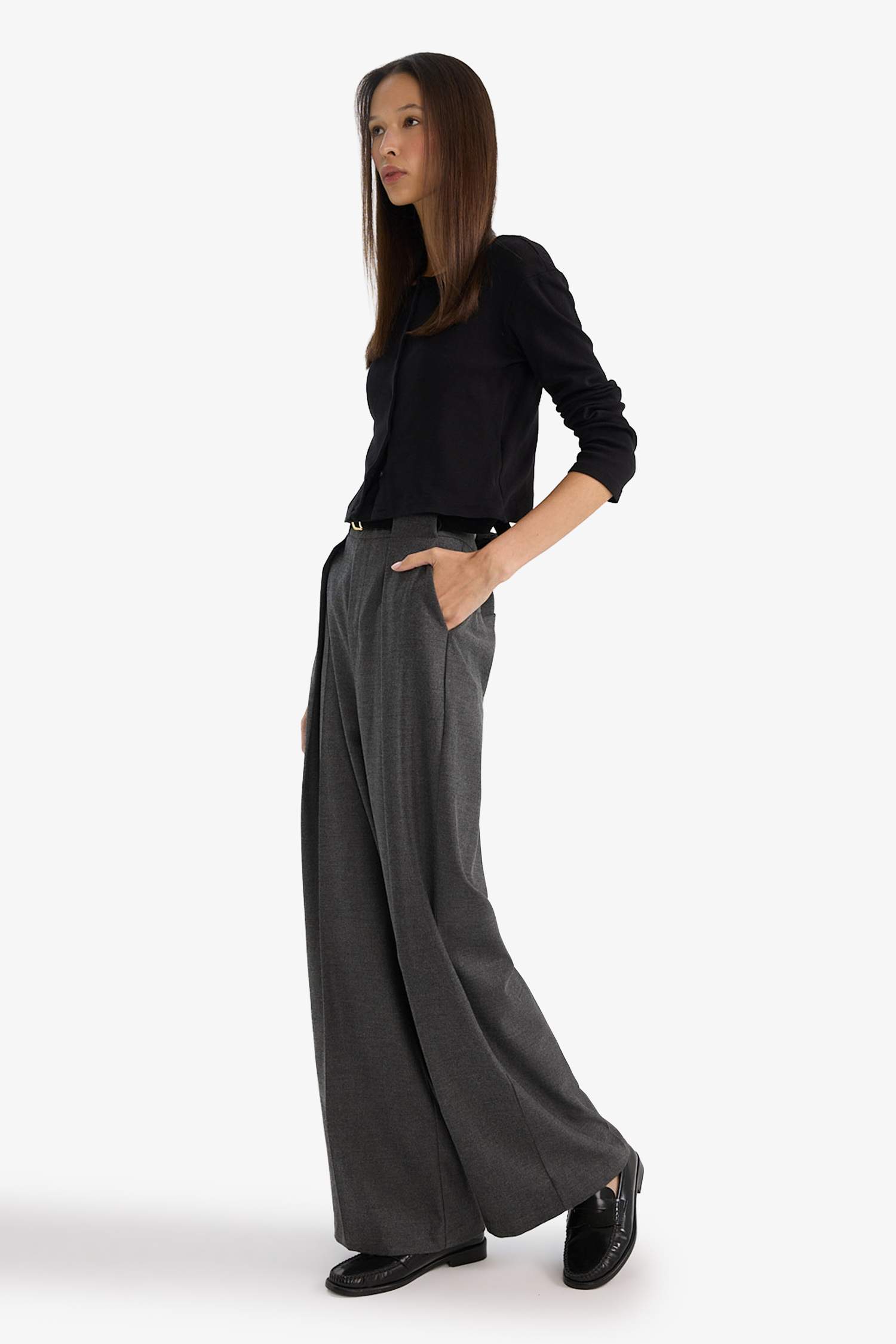 Wide Leg Çift Cepli Yüksek Bel Düz Paça Pantolon