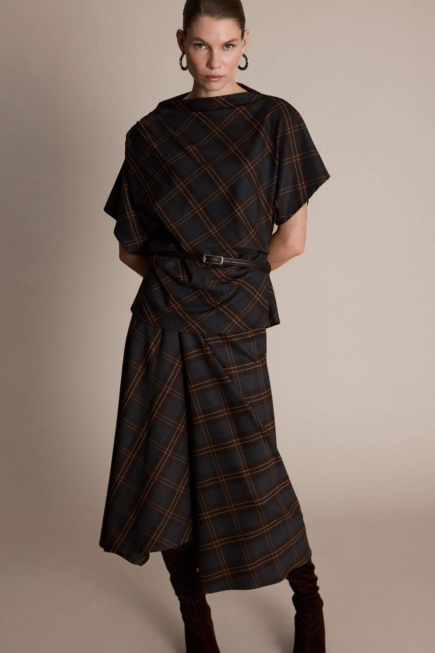 Slim Fit High Neck Plaid Short Sleeve Blouse