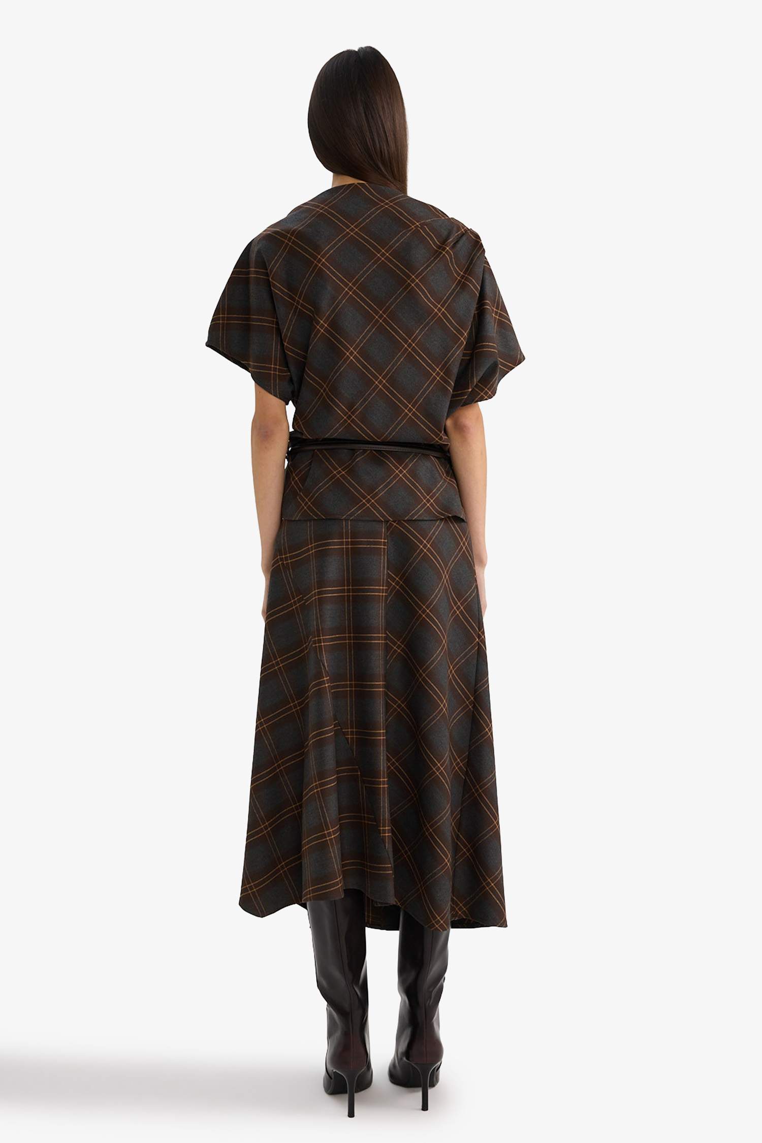 Fitted Dik Yaka Kareli Flanel Kısa Kollu Bluz