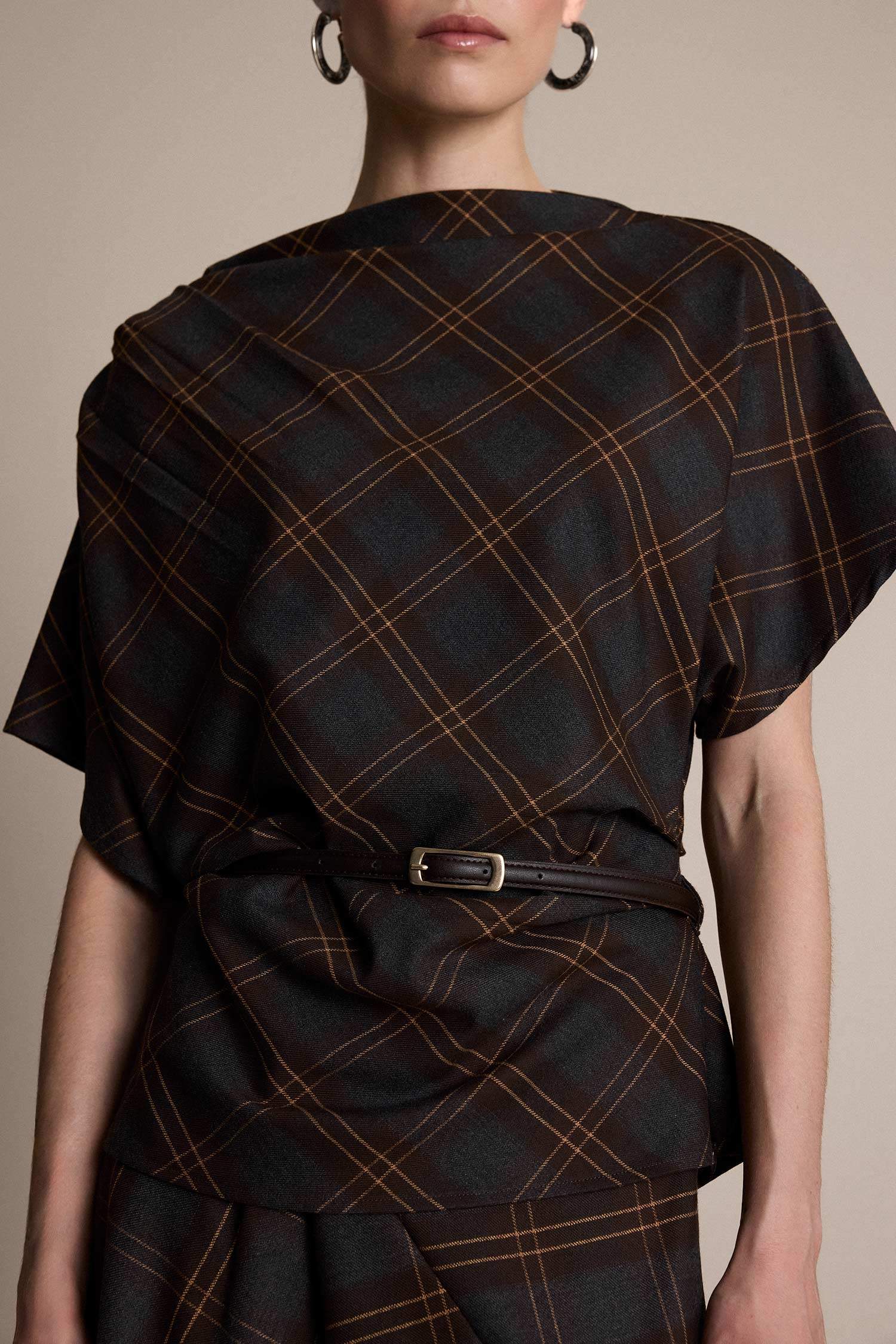 Slim Fit High Neck Plaid Short Sleeve Blouse