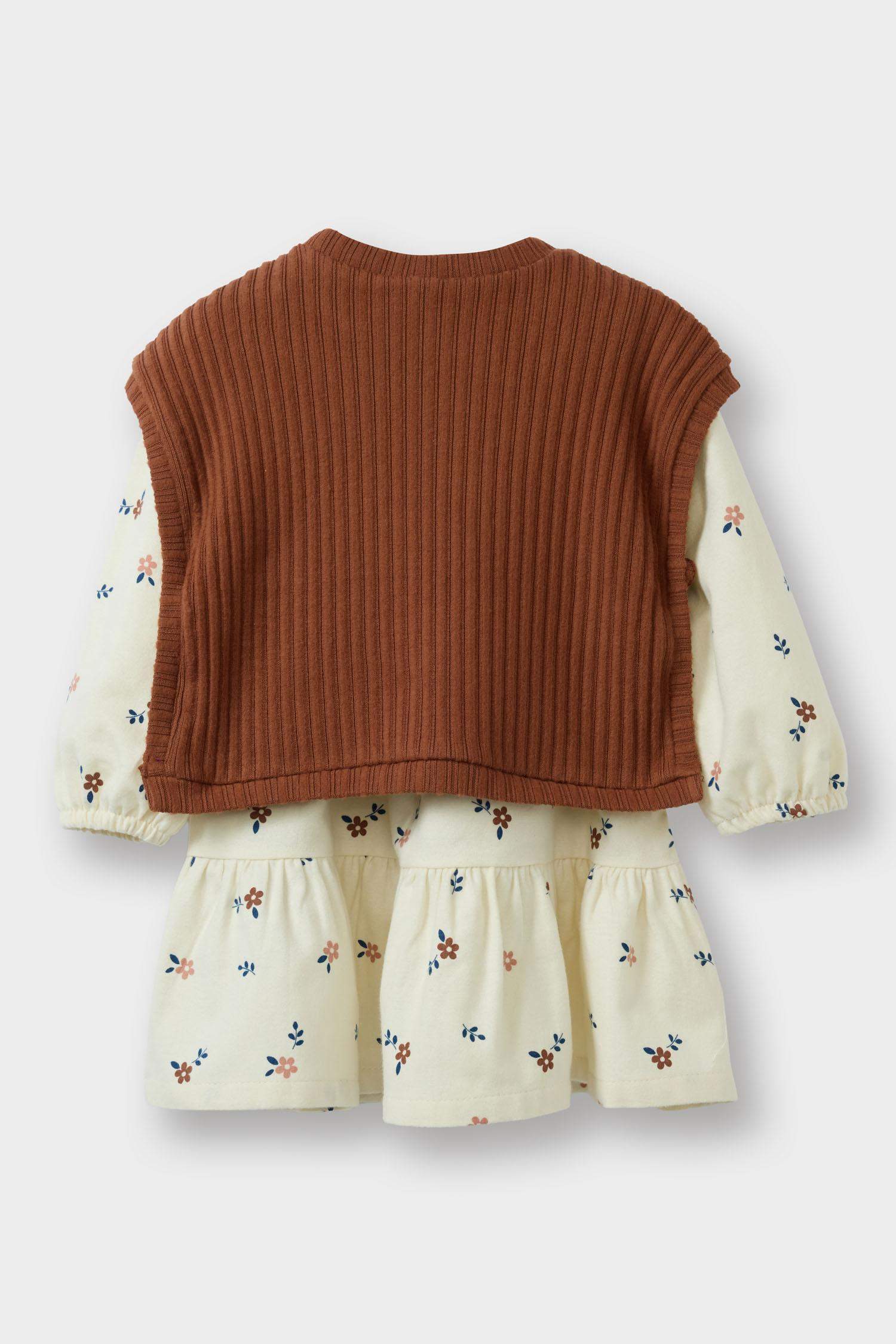 Kız Bebek 2'li Takım Süveter Çiçek Desenli Uzun Kollu Elbise