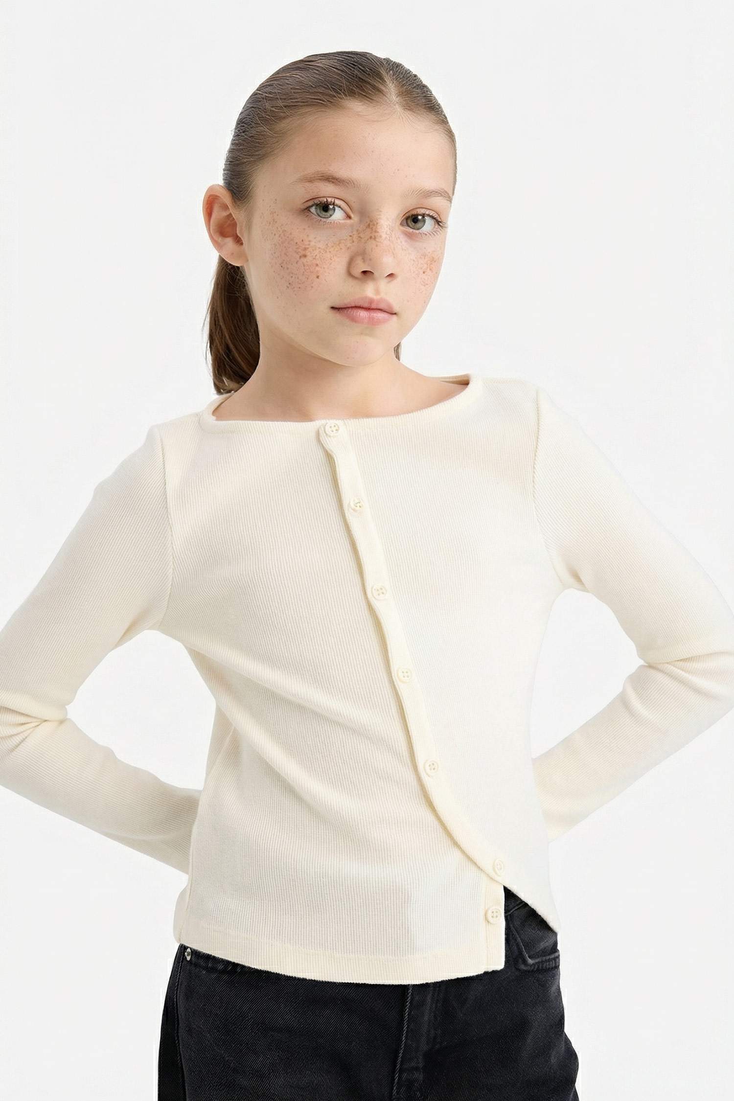 Kız Çocuk Bisiklet Yaka Düğmeli Uzun Kollu Tişört