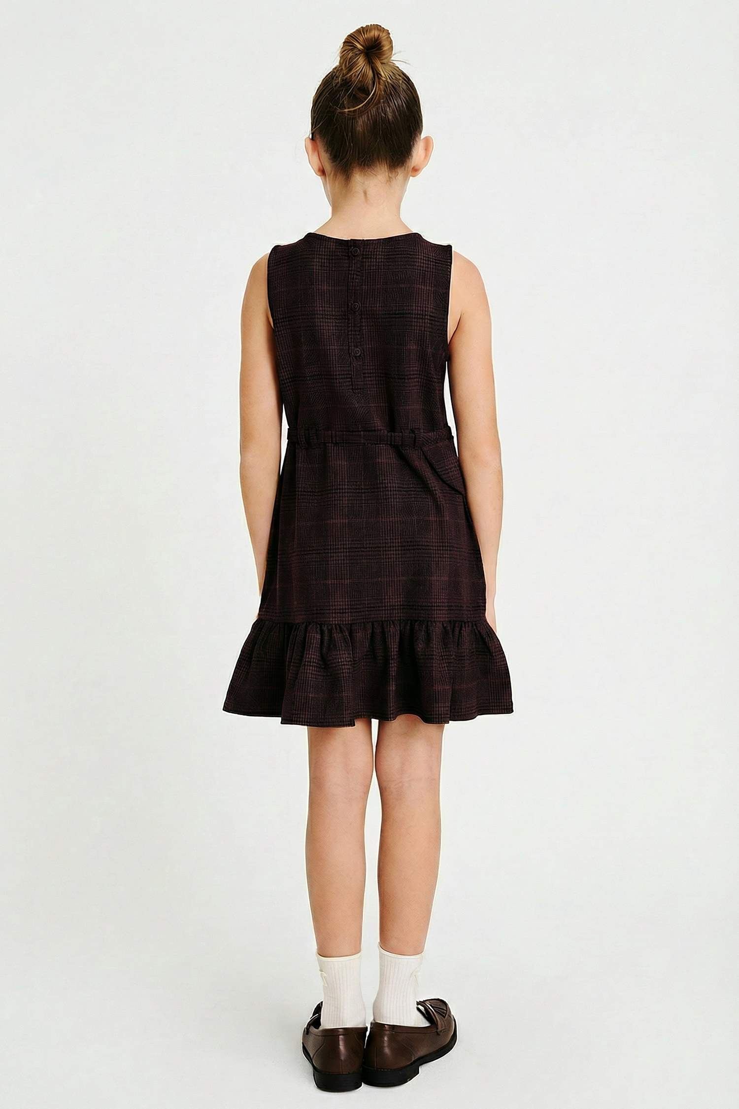 Kız Çocuk Kareli Kemerli Kolsuz Elbise