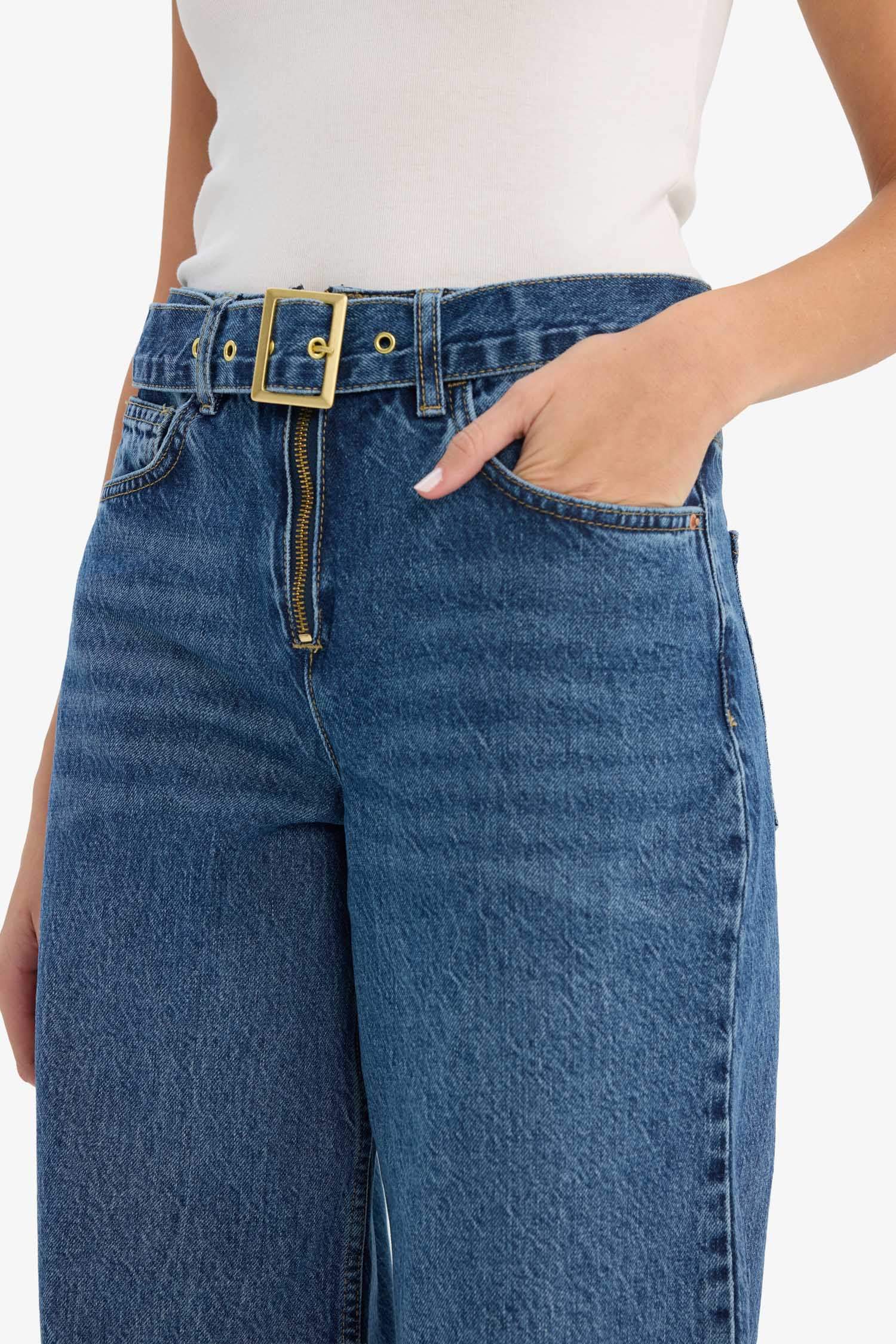 Wide Leg Yüksek Bel Uzun Jean Yıkamalı Pantolon