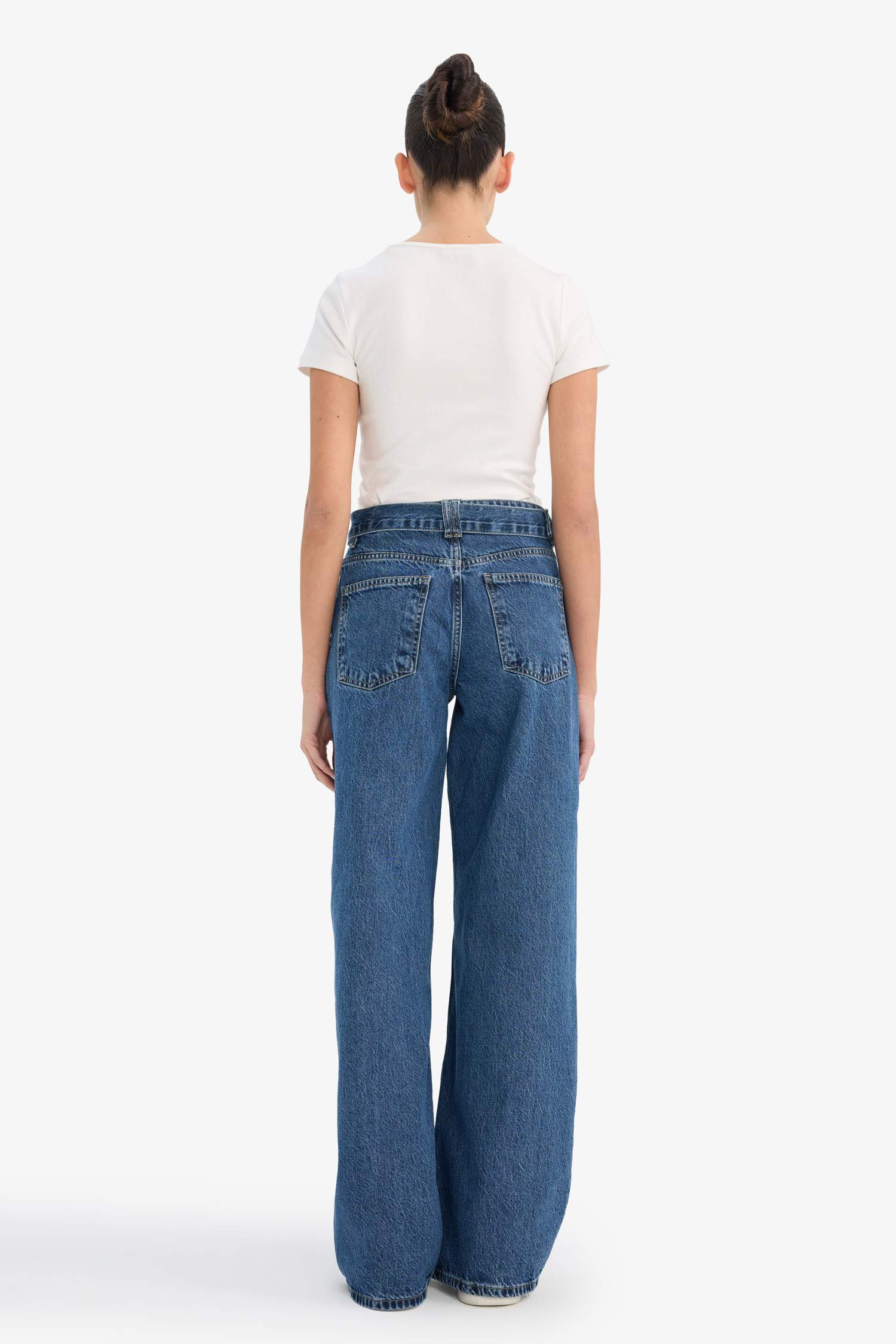 Wide Leg Yüksek Bel Uzun Jean Yıkamalı Pantolon