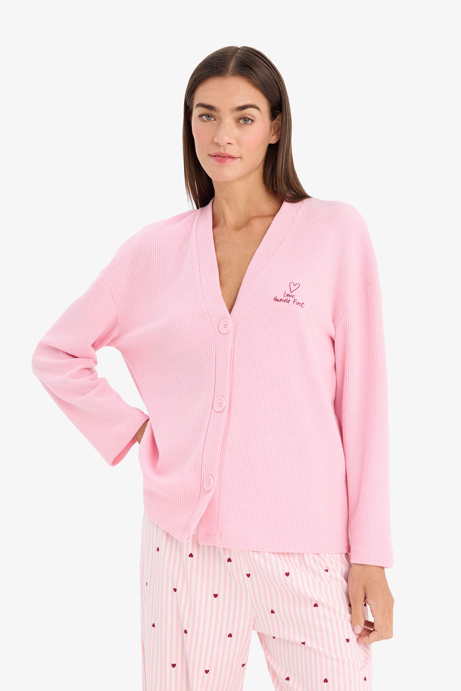 بلوزة بجامة ردن طويل وافل قصة عادية بياخة V