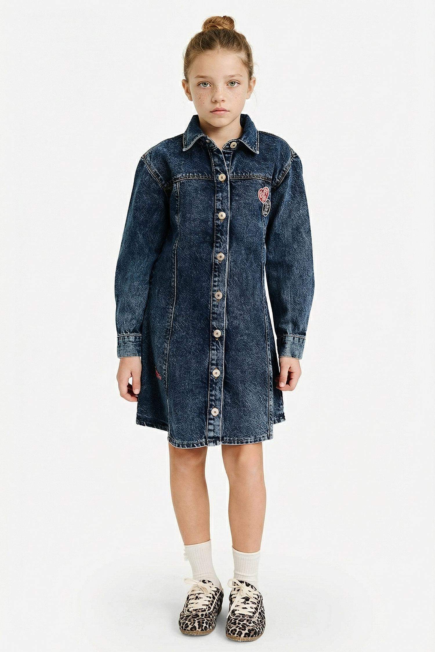 Қыздарға арналған ұзын жеңді джинс көйлек