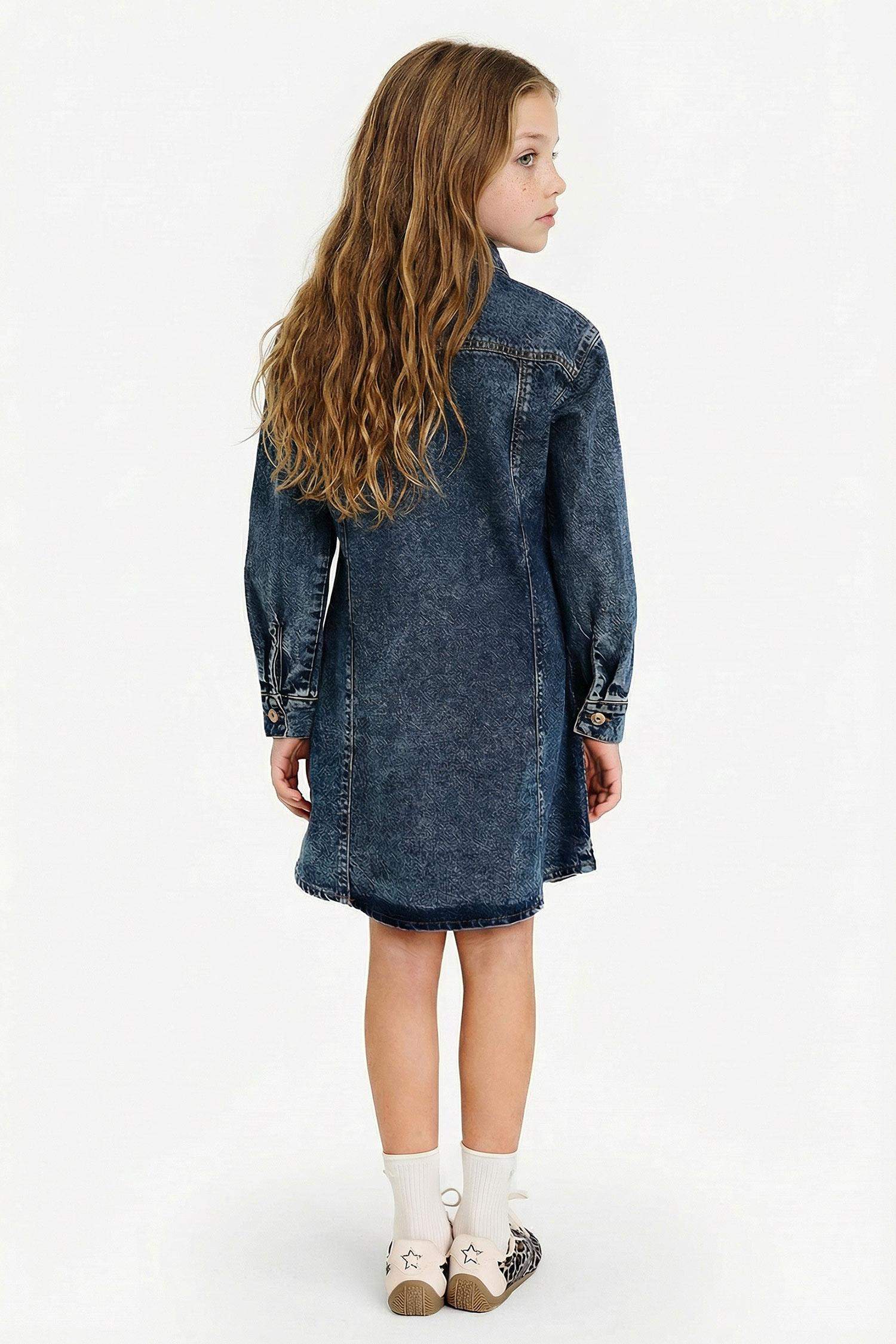 Қыздарға арналған ұзын жеңді джинс көйлек