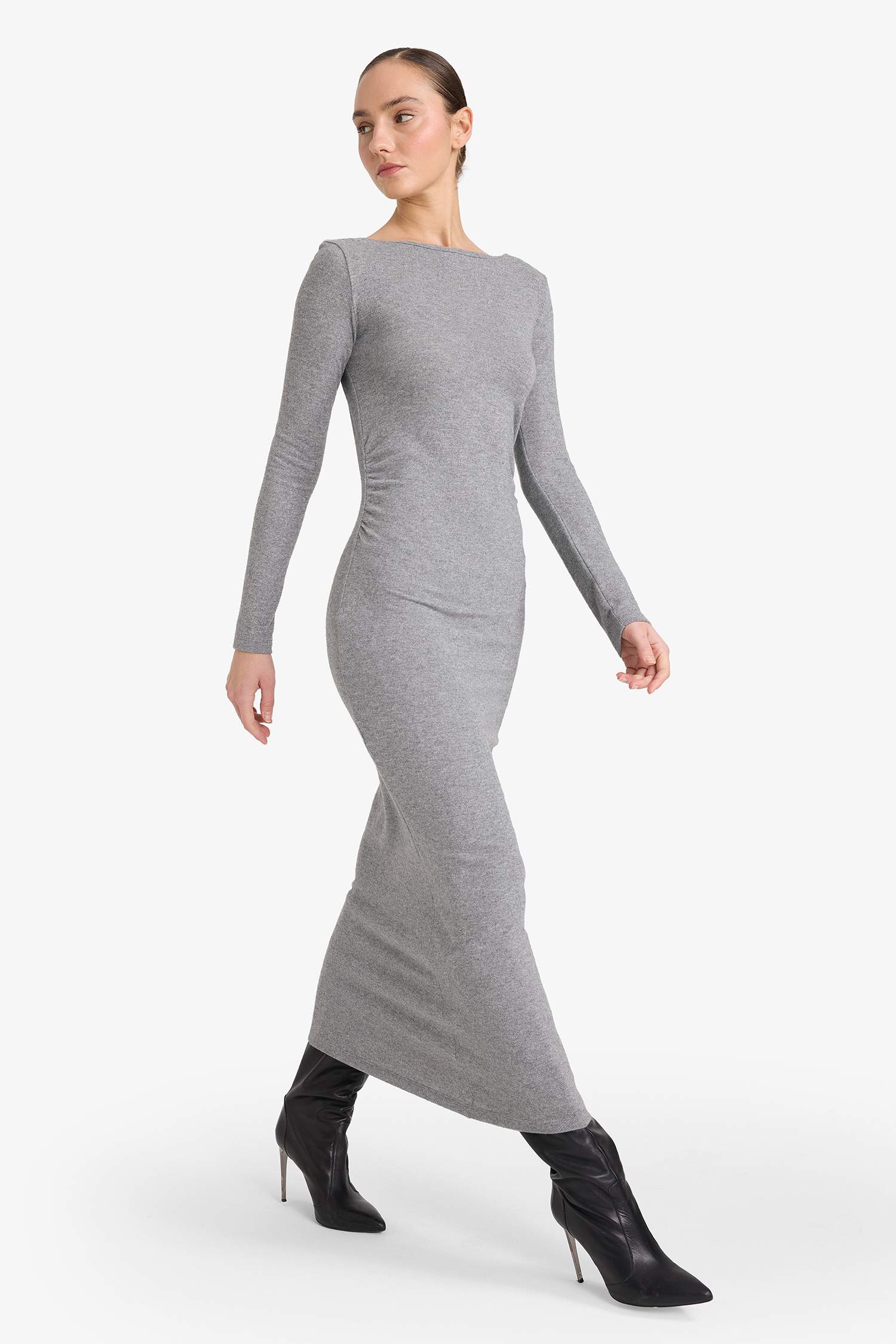 Fitted Bisiklet Yaka Penye Uzun Kollu Midi Elbise