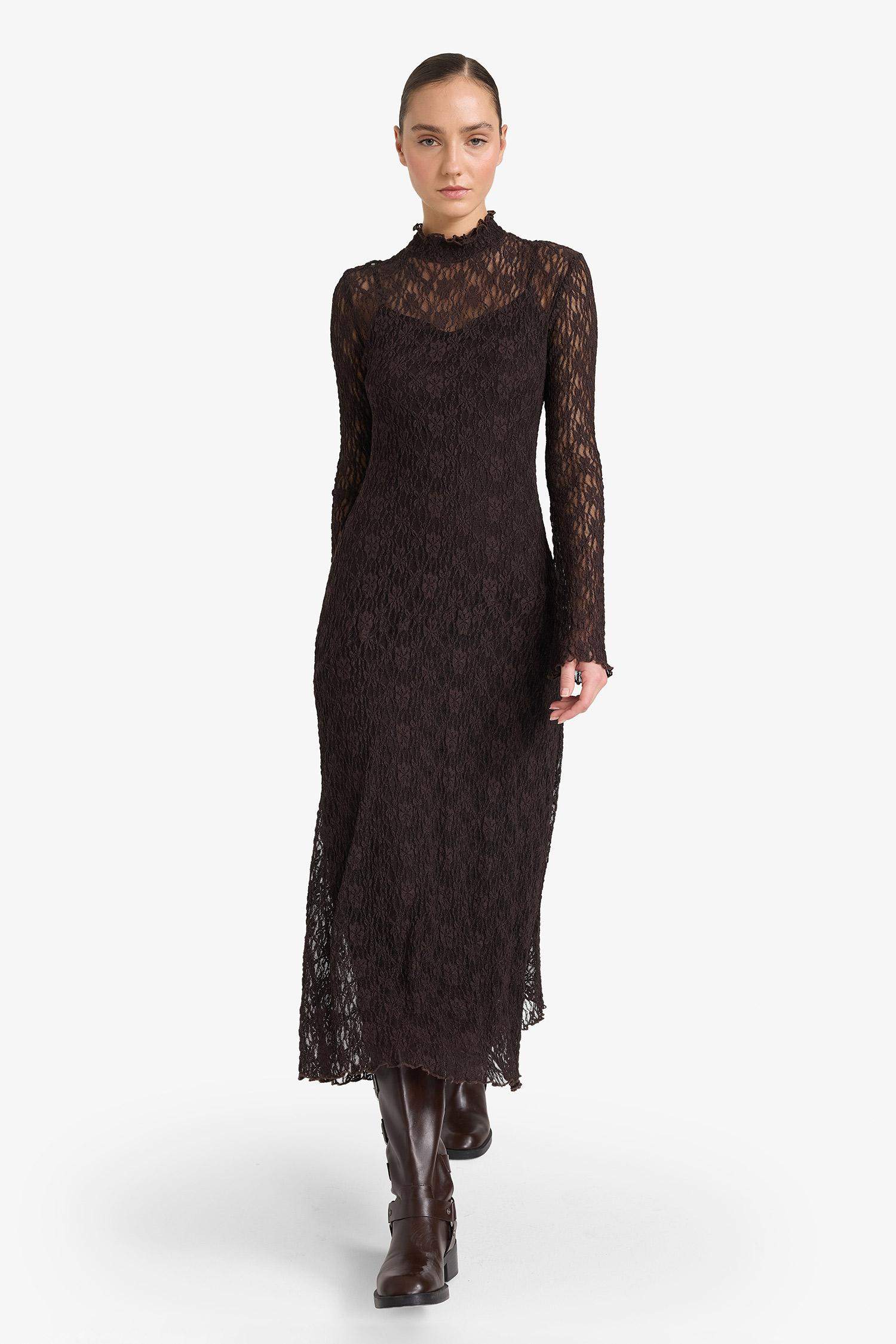 فستان ميدي دانتيل ردن طويل بقصة A بياخة مستديرة