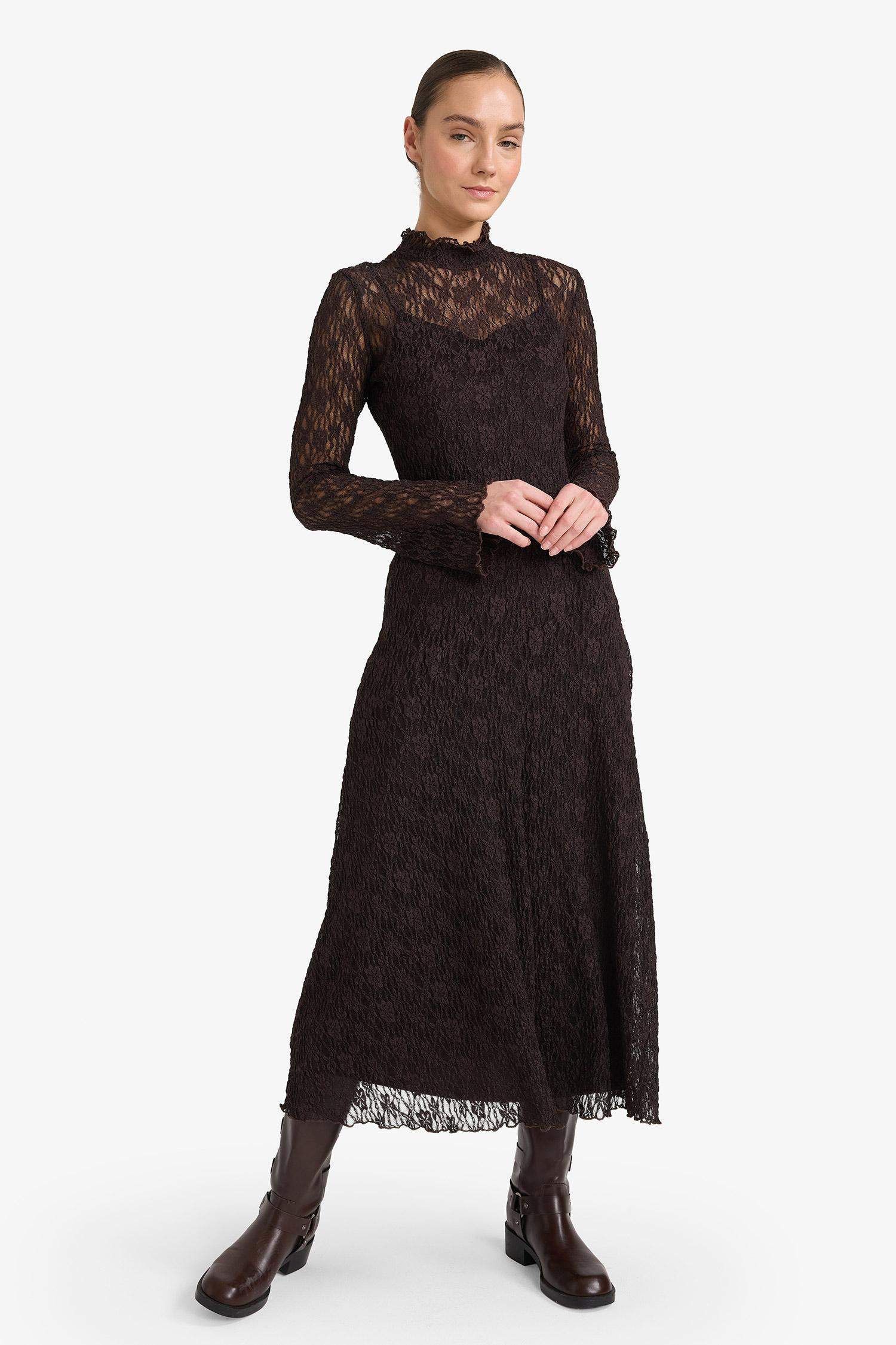 فستان ميدي دانتيل ردن طويل بقصة A بياخة مستديرة