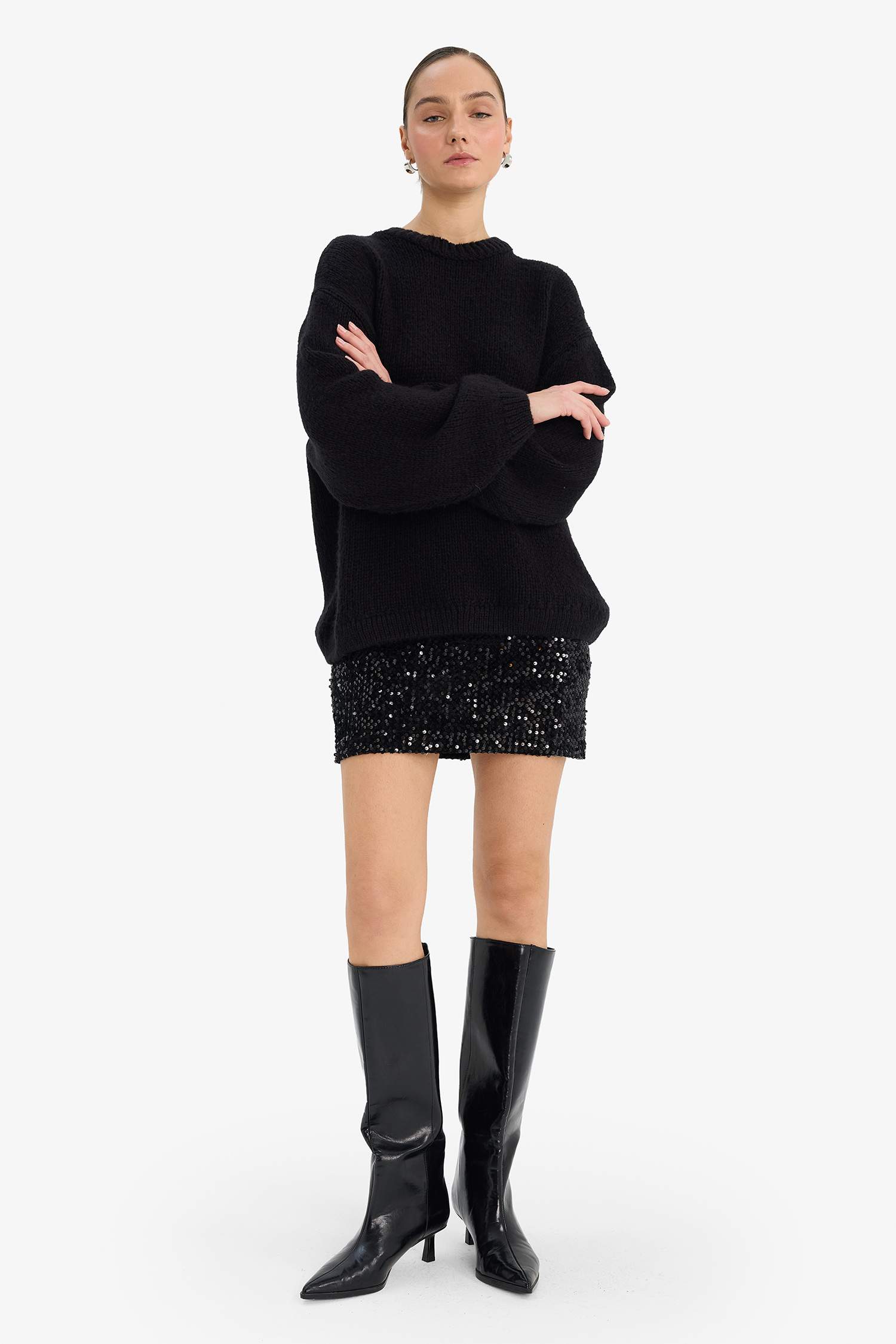 Kalem Normal Bel Astarlı Payetli Kumaş Mini Etek