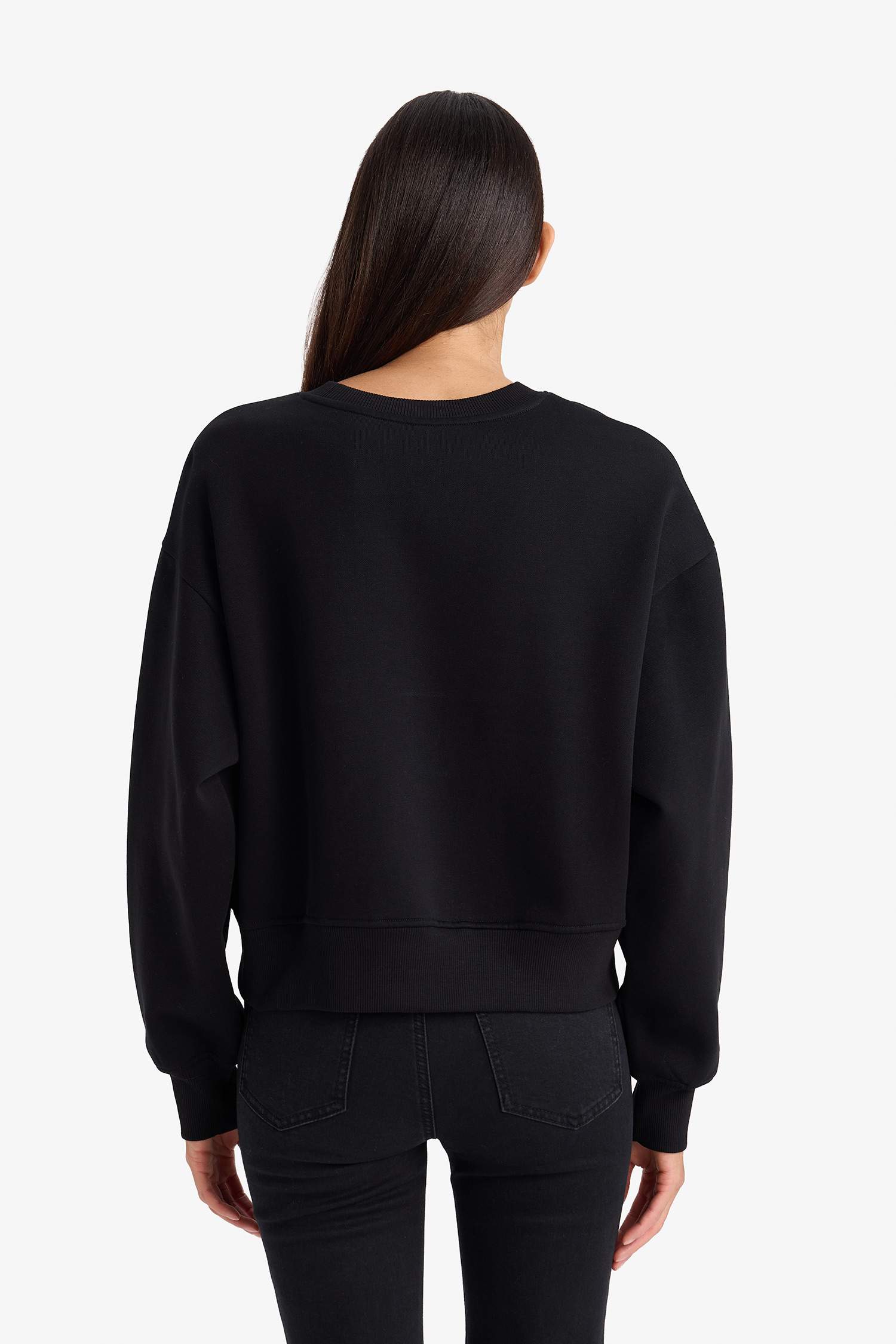 Boxy Fit Bisiklet Yaka Aplike Kalın Sweatshirt