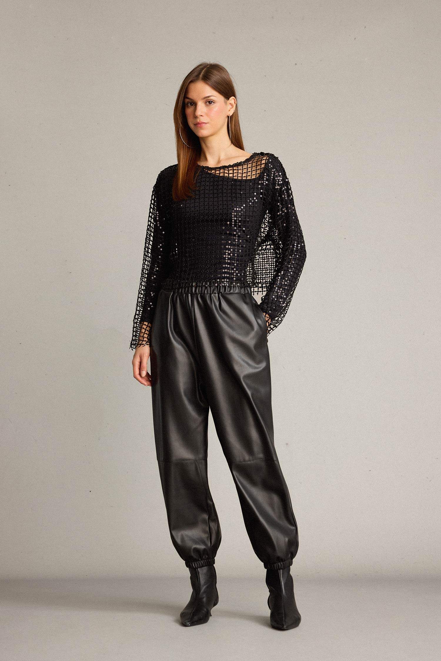 Balloon Fit Beli Lastikli Suni Deri Pantolon 