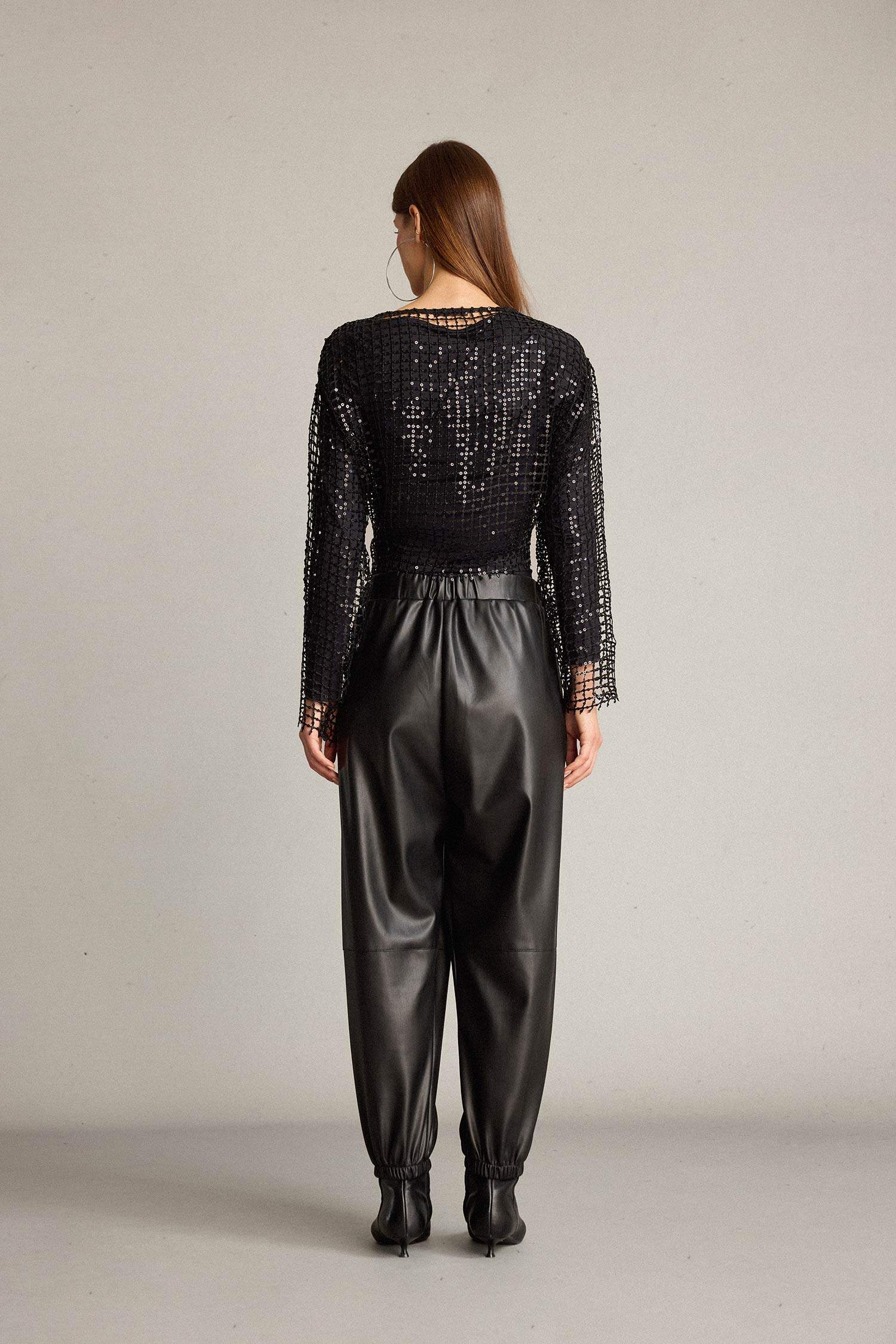 Balloon Fit Beli Lastikli Suni Deri Pantolon