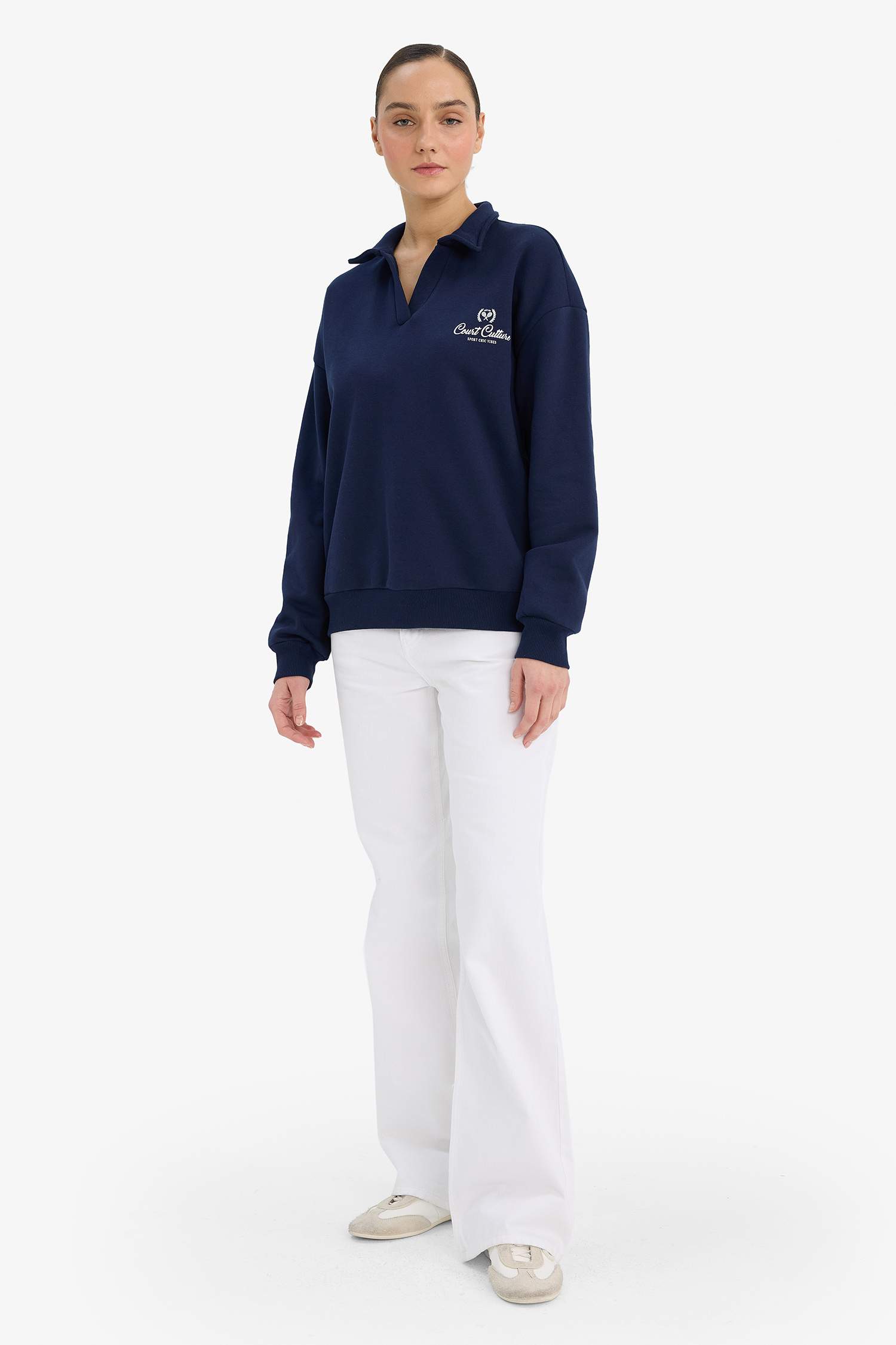 Relax Fit Polo Yaka Baskılı Kalın Sweatshirt