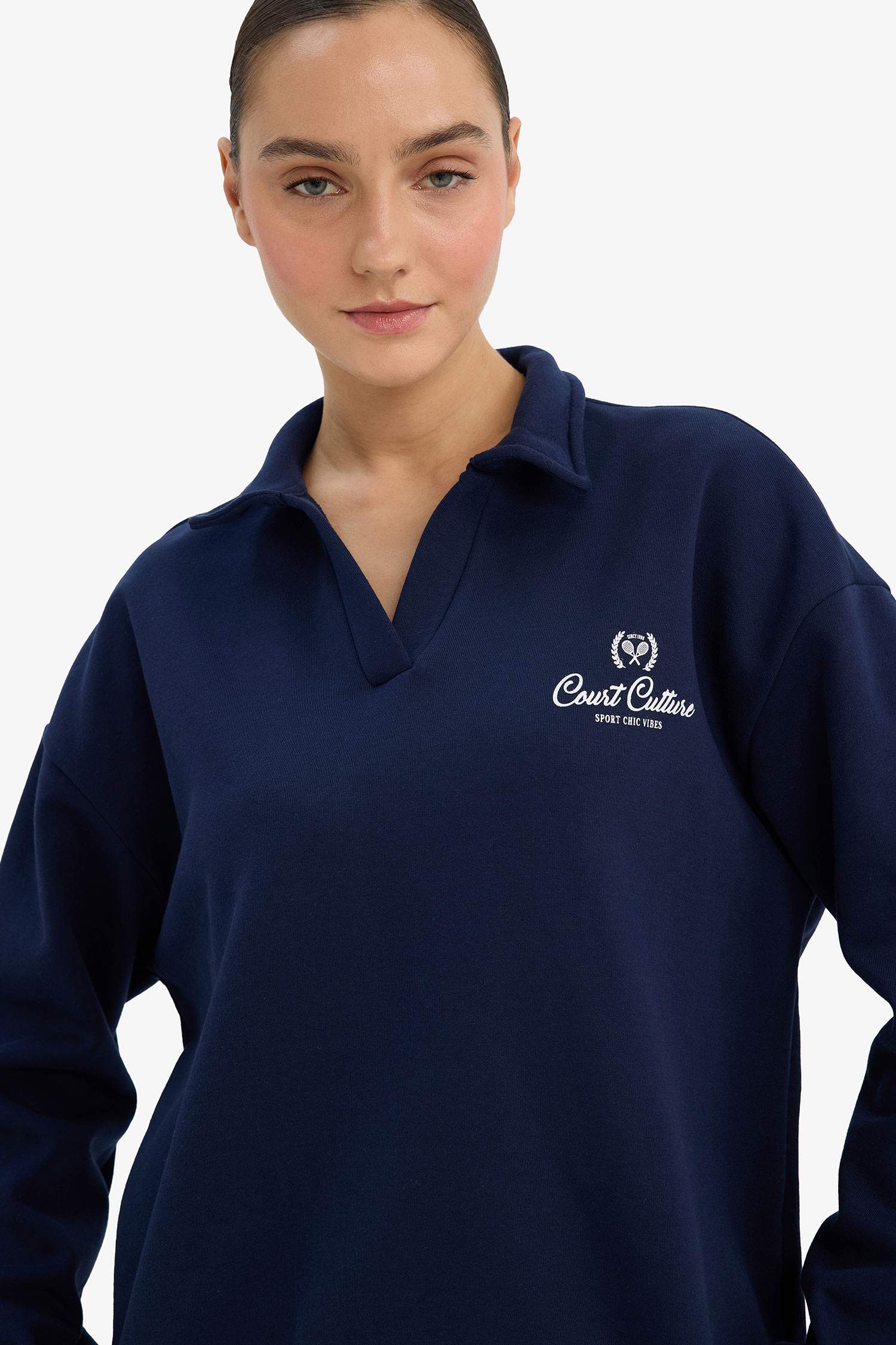 Relax Fit Polo Yaka Baskılı Kalın Sweatshirt