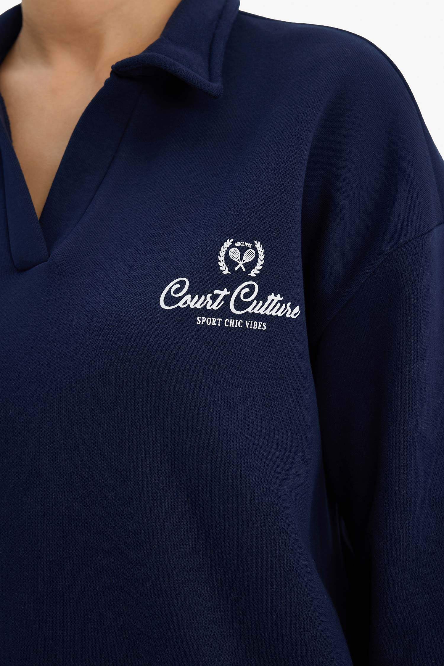 Relax Fit Polo Yaka Baskılı Kalın Sweatshirt