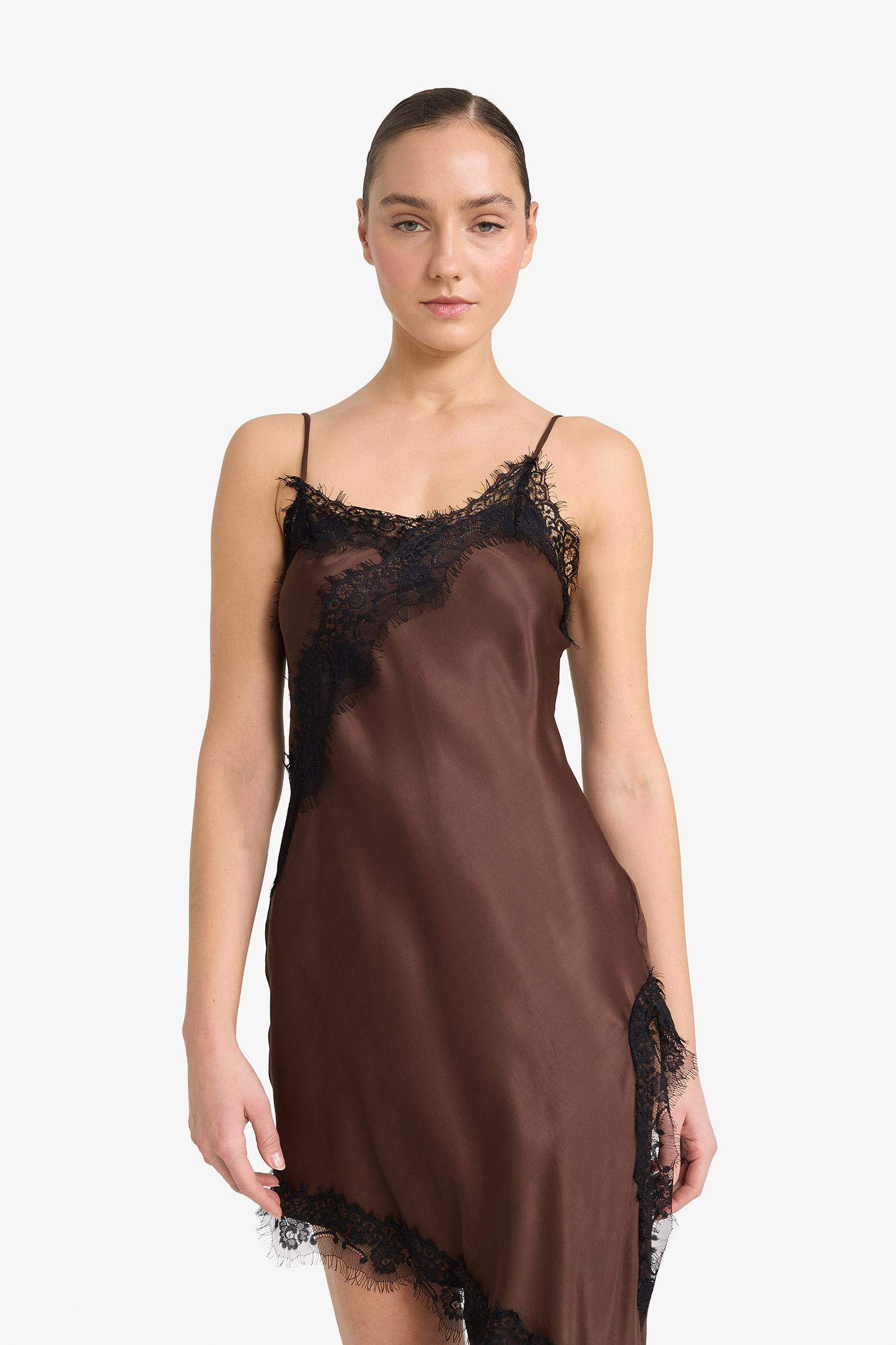 Yılbaşı Temalı V Yaka Saten Kolsuz Midi Elbise