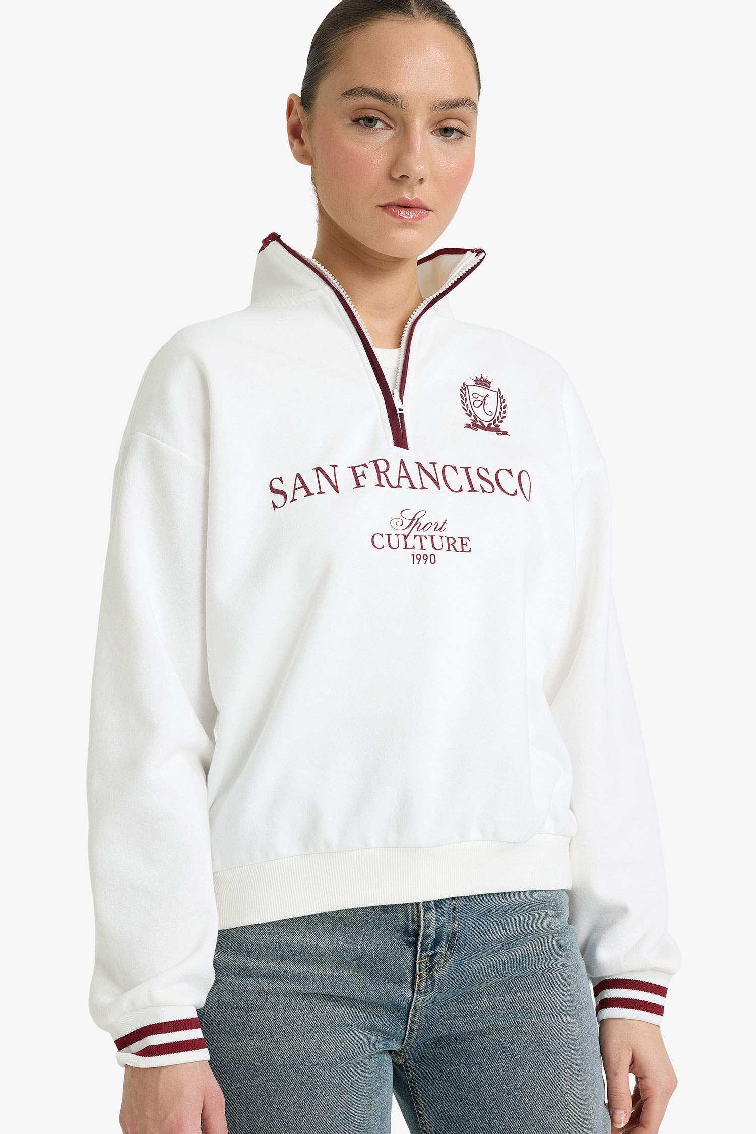 Relax Fit Polo Yaka Baskılı Kalın Sweatshirt