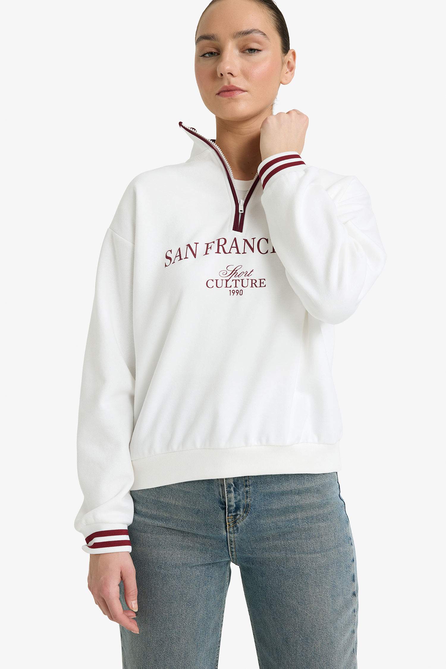 Relax Fit Polo Yaka Baskılı Kalın Sweatshirt