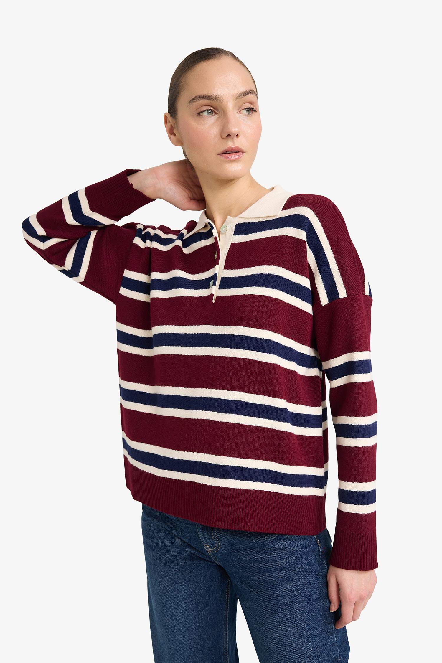 Oversize Geniş Kalıp Polo Yaka Çizgili Kazak