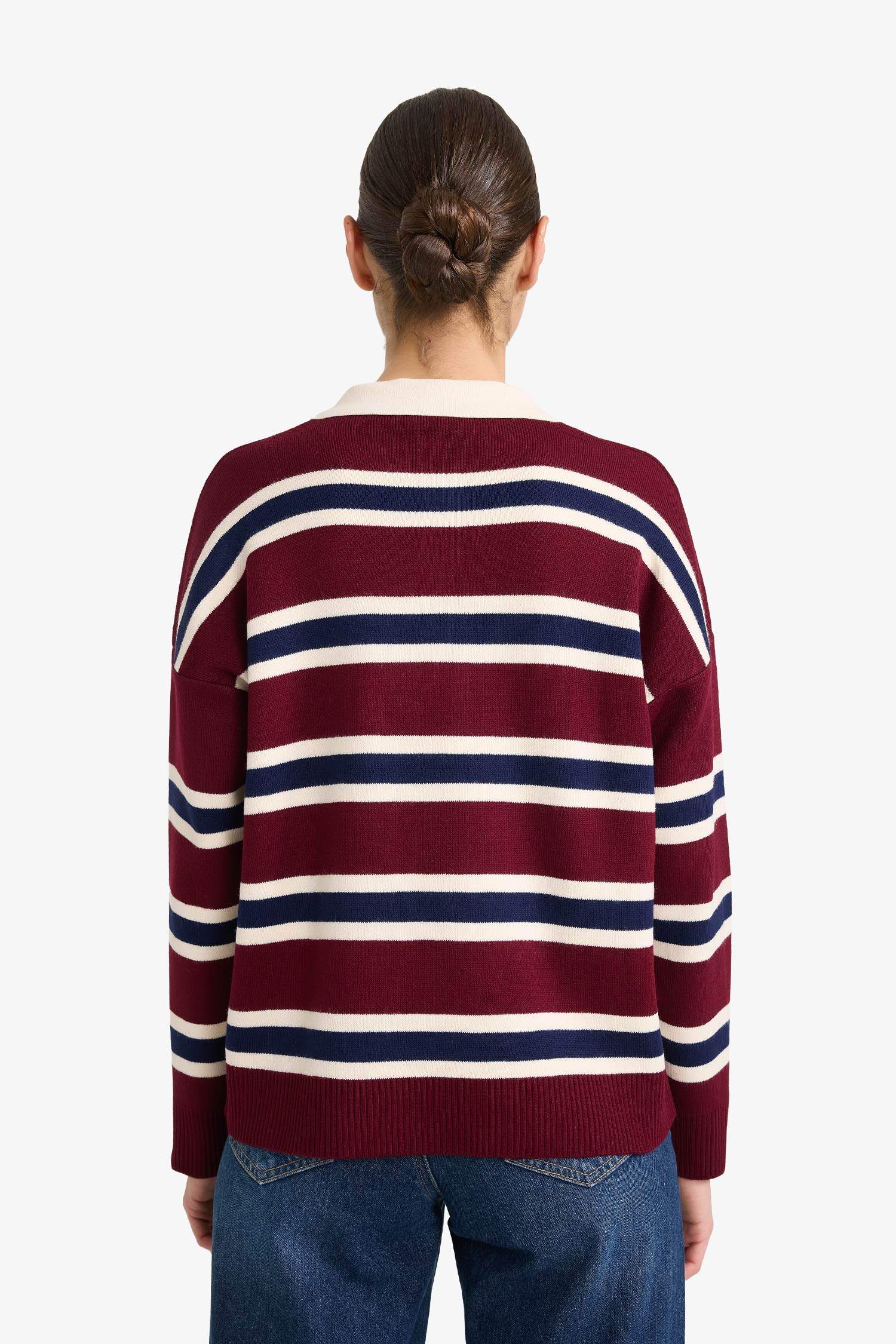 Oversize Geniş Kalıp Polo Yaka Çizgili Kazak