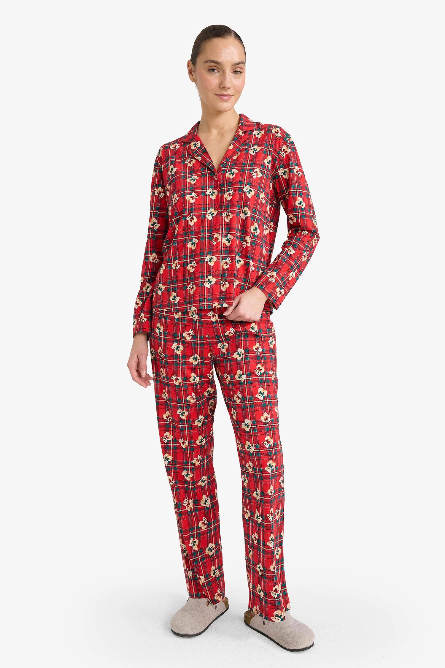 Pijama Takımı Regular Fit Ayıcık Desenli Kareli Uzun Kollu Üst Uzun Alt