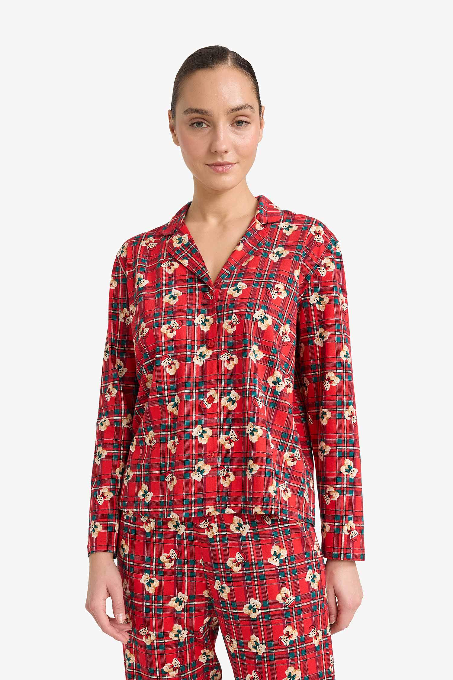 Pijama Takımı Regular Fit Ayıcık Desenli Kareli Uzun Kollu Üst Uzun Alt