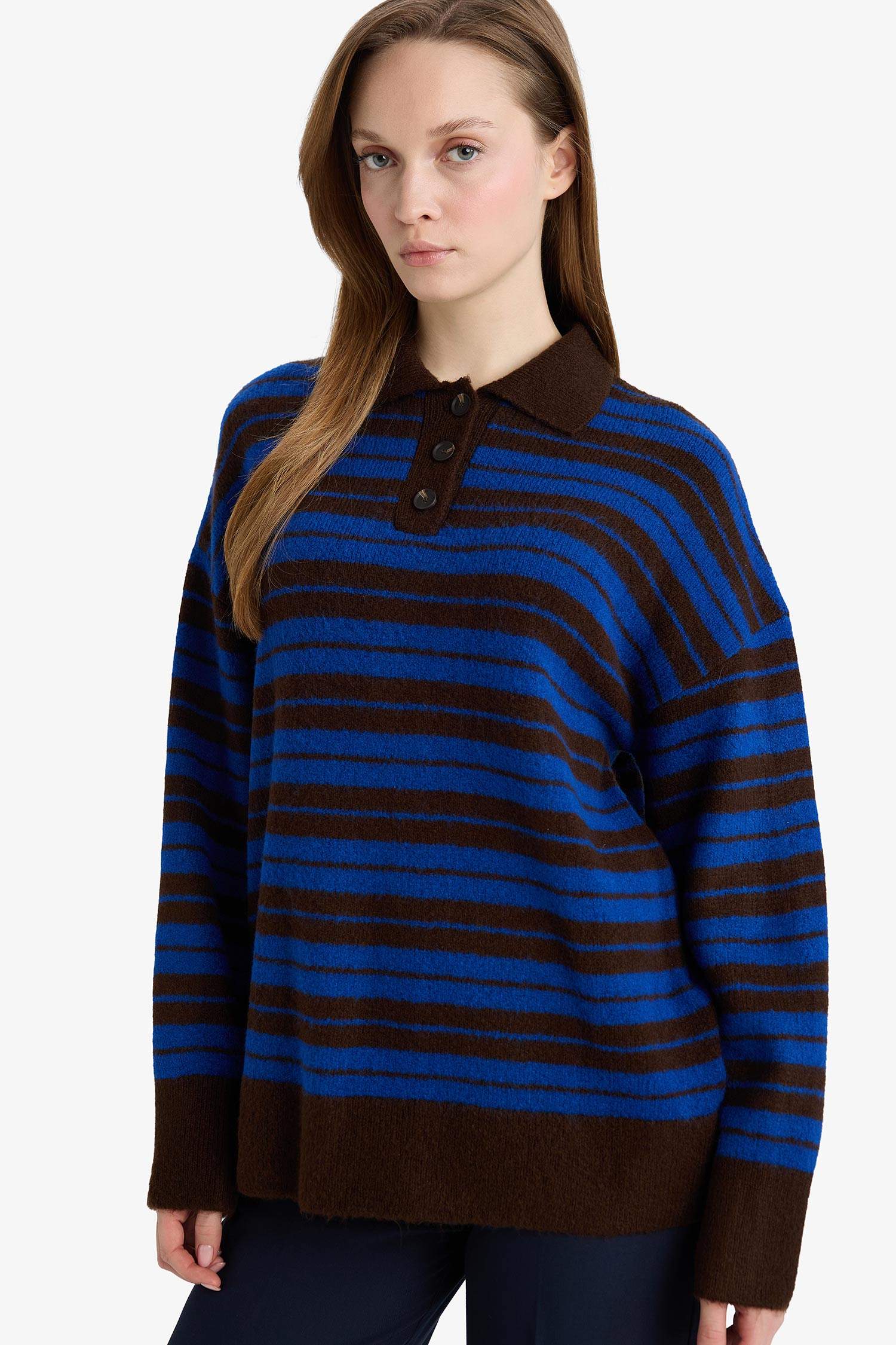 Loose Fit Polo Yaka Çizgili Triko Kazak Tunik