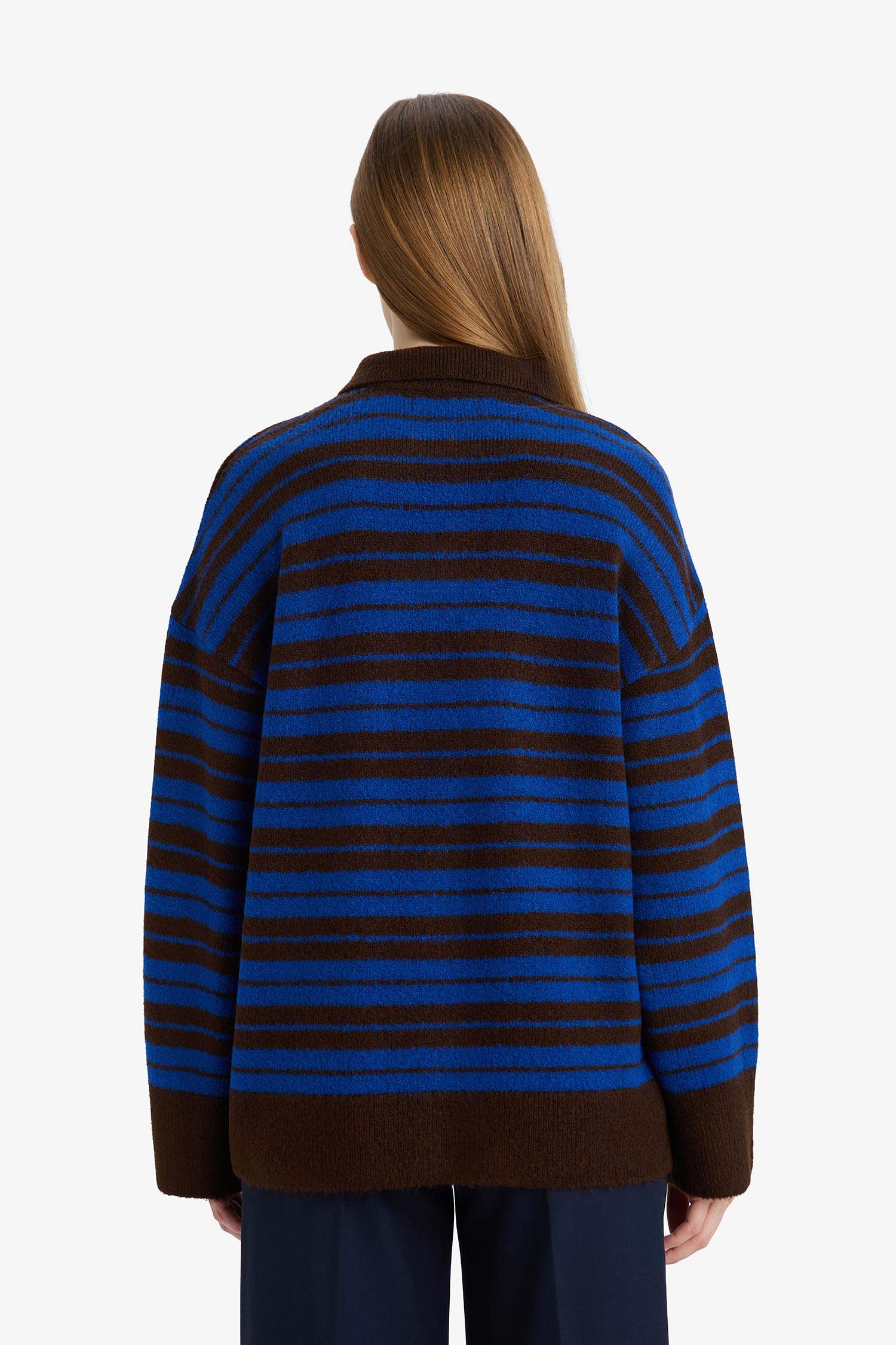 Loose Fit Polo Yaka Çizgili Triko Kazak Tunik