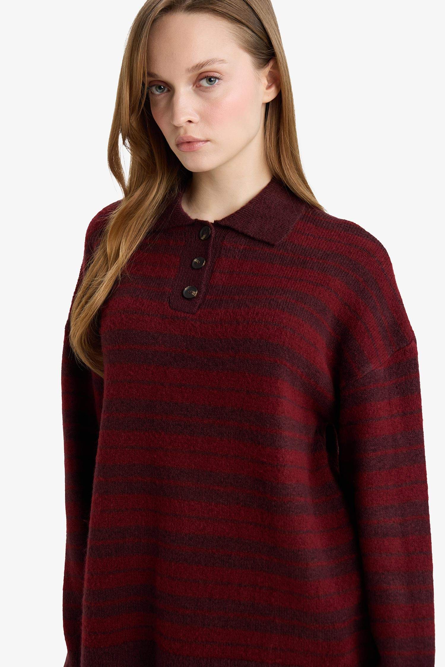 Loose Fit Polo Yaka Çizgili Triko Kazak Tunik