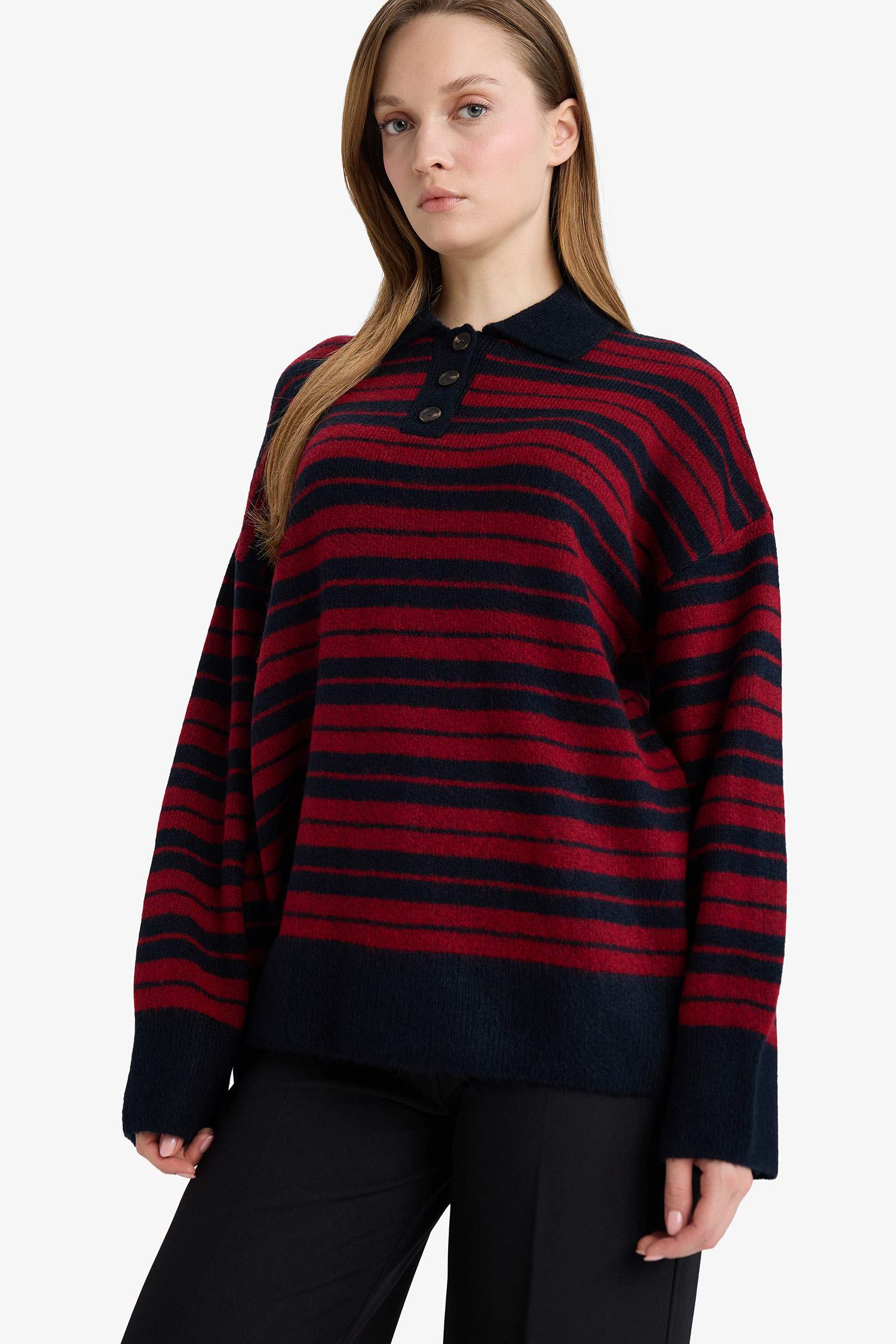 Loose Fit Polo Yaka Çizgili Triko Kazak Tunik