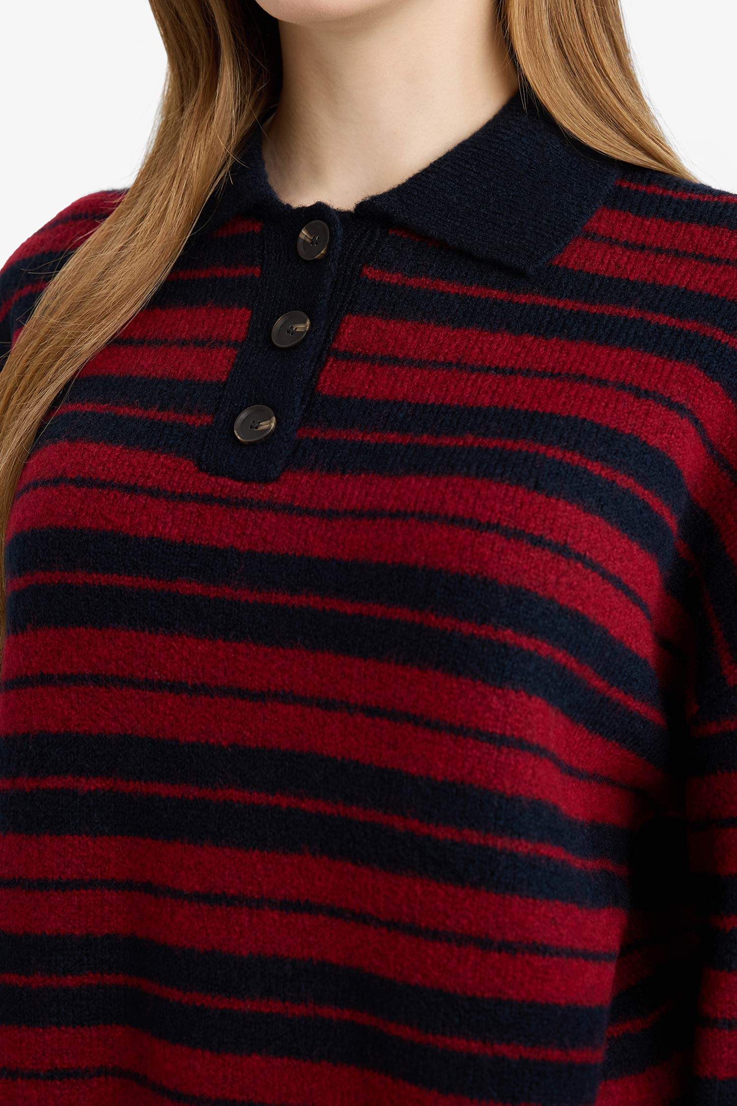 Loose Fit Polo Yaka Çizgili Triko Kazak Tunik