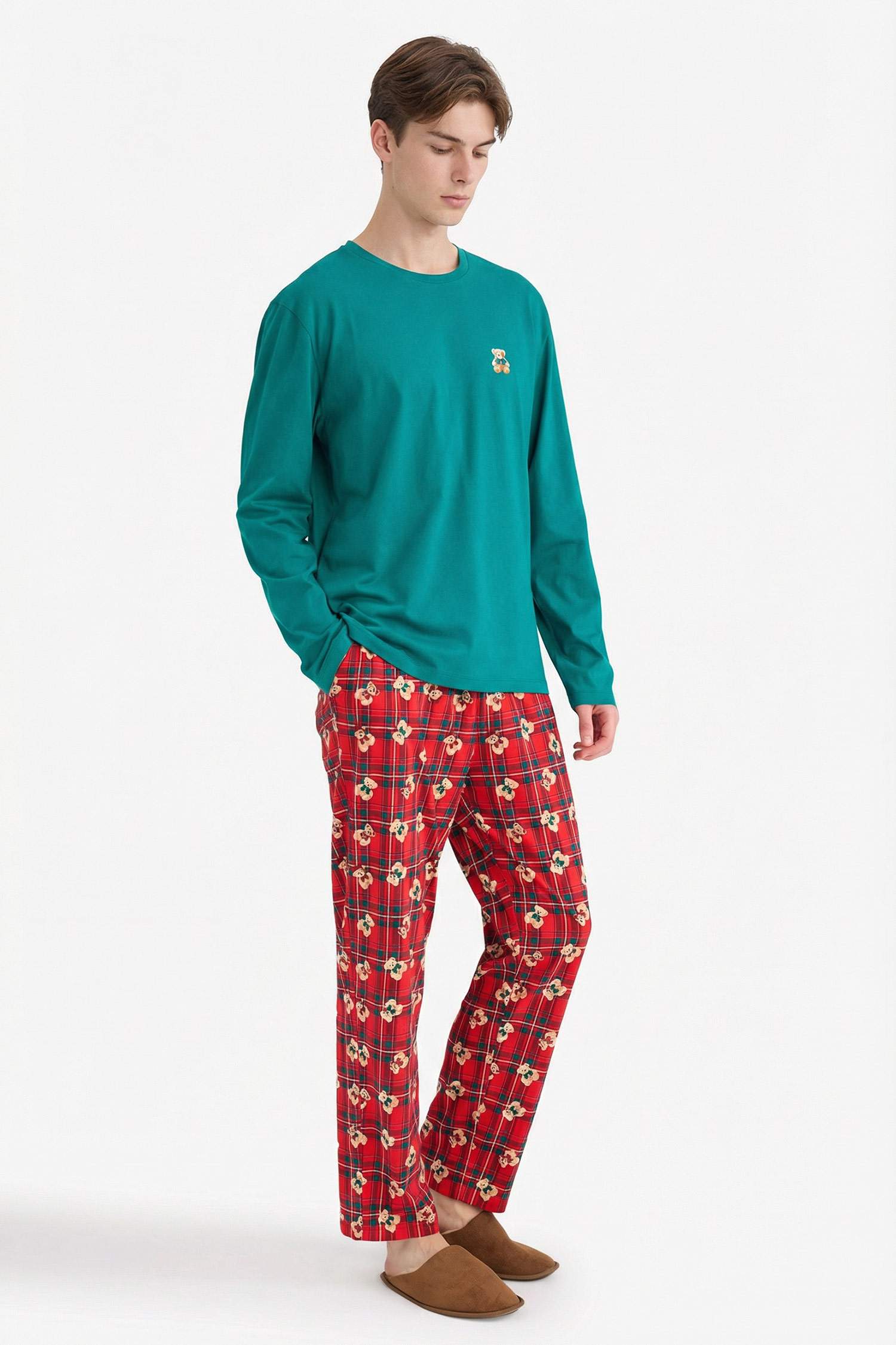 Pijama Takımı Regular Fit Ayıcık Desenli Uzun Kollu Üst Uzun Alt